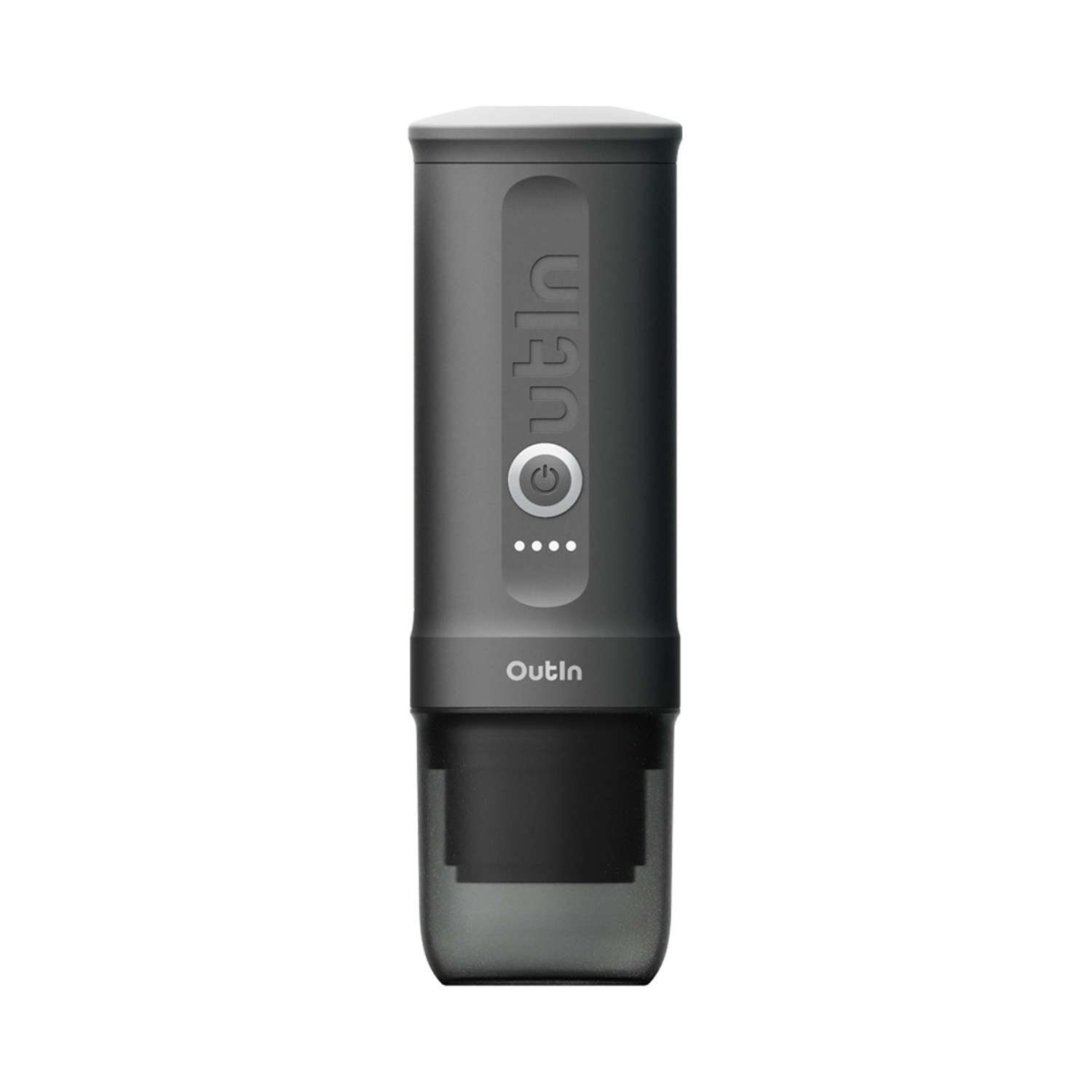 Een donker, cilindrisch handheld apparaat met een logo en een knop.