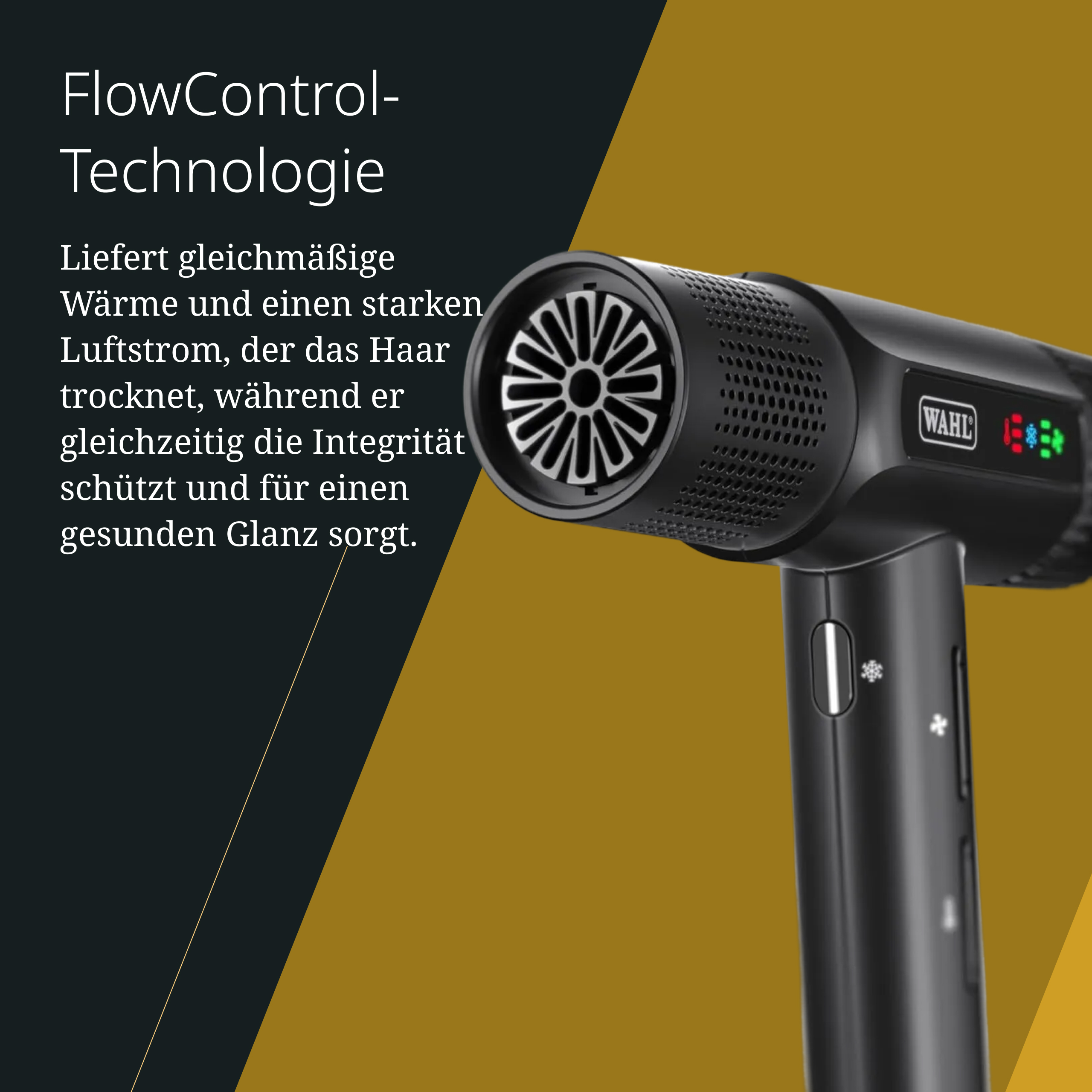 Czarna suszarka do włosów WAHL z srebrnym wentylatorem i wskaźnikami LED na złotym tle.