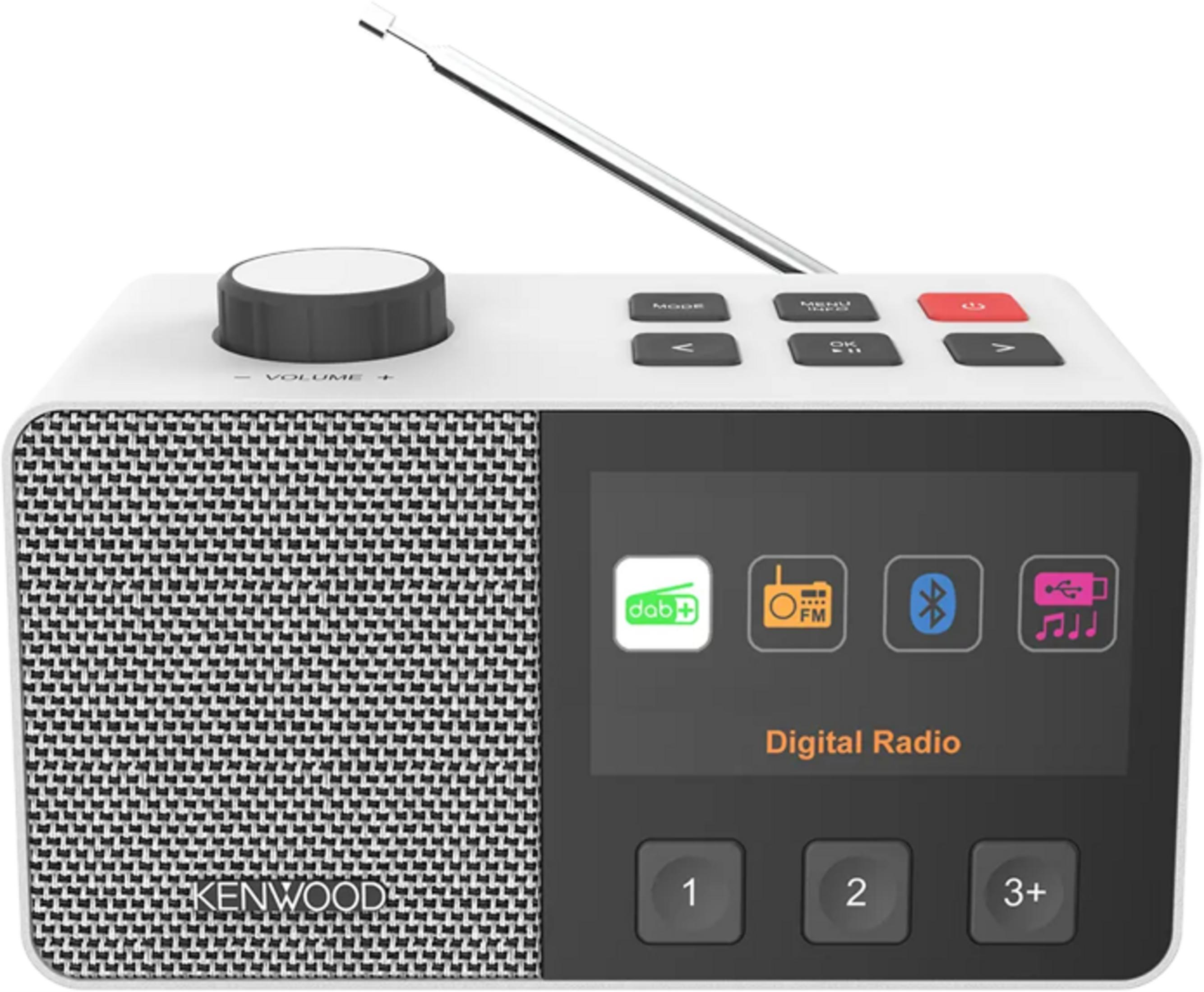 Ein weißes Digitalradio mit silbernem Antennenstab, Lautstärkeregler und Display.