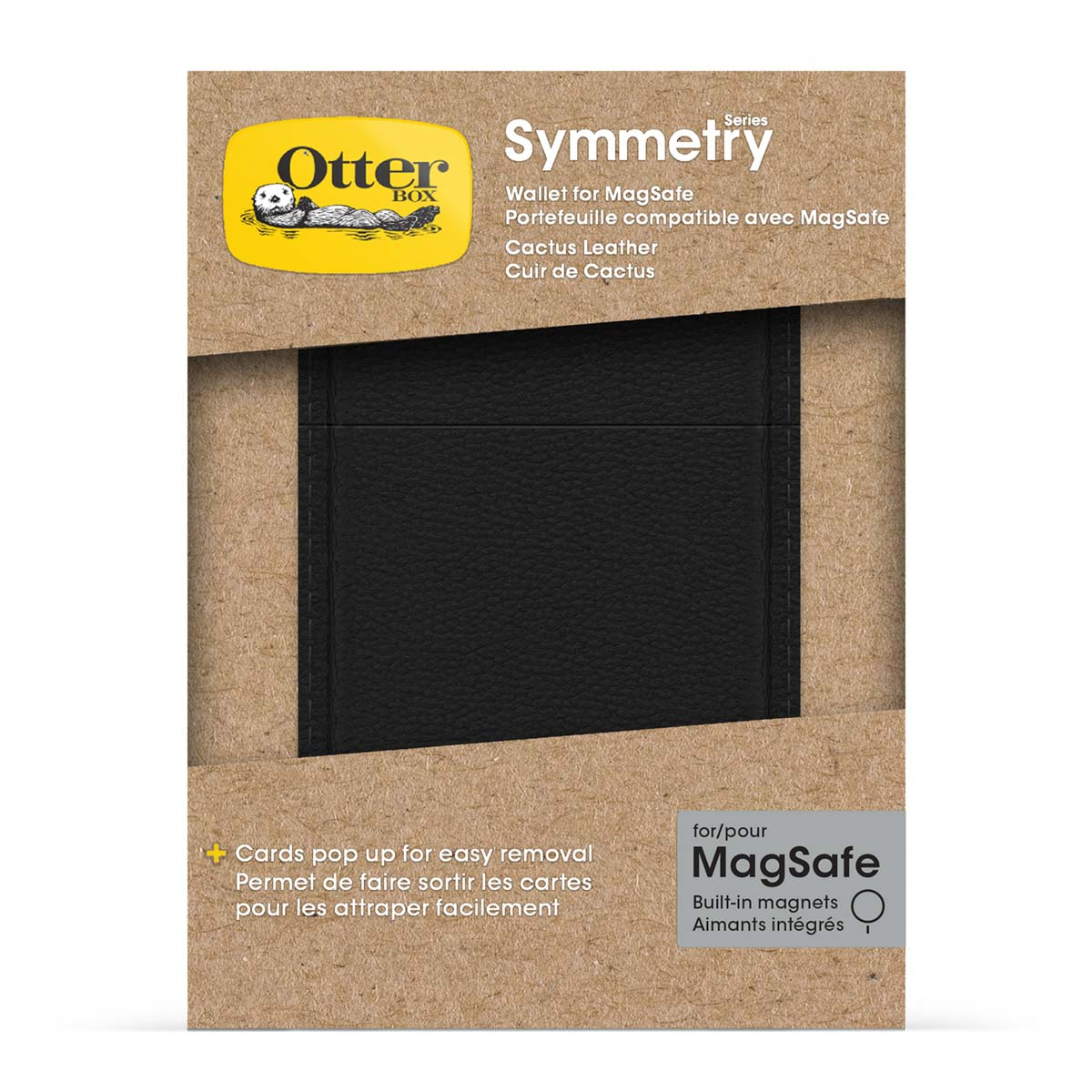 Schwarzes Leder-Portemonnaie für MagSafe mit OtterBox-Logo und Produktinformationen.