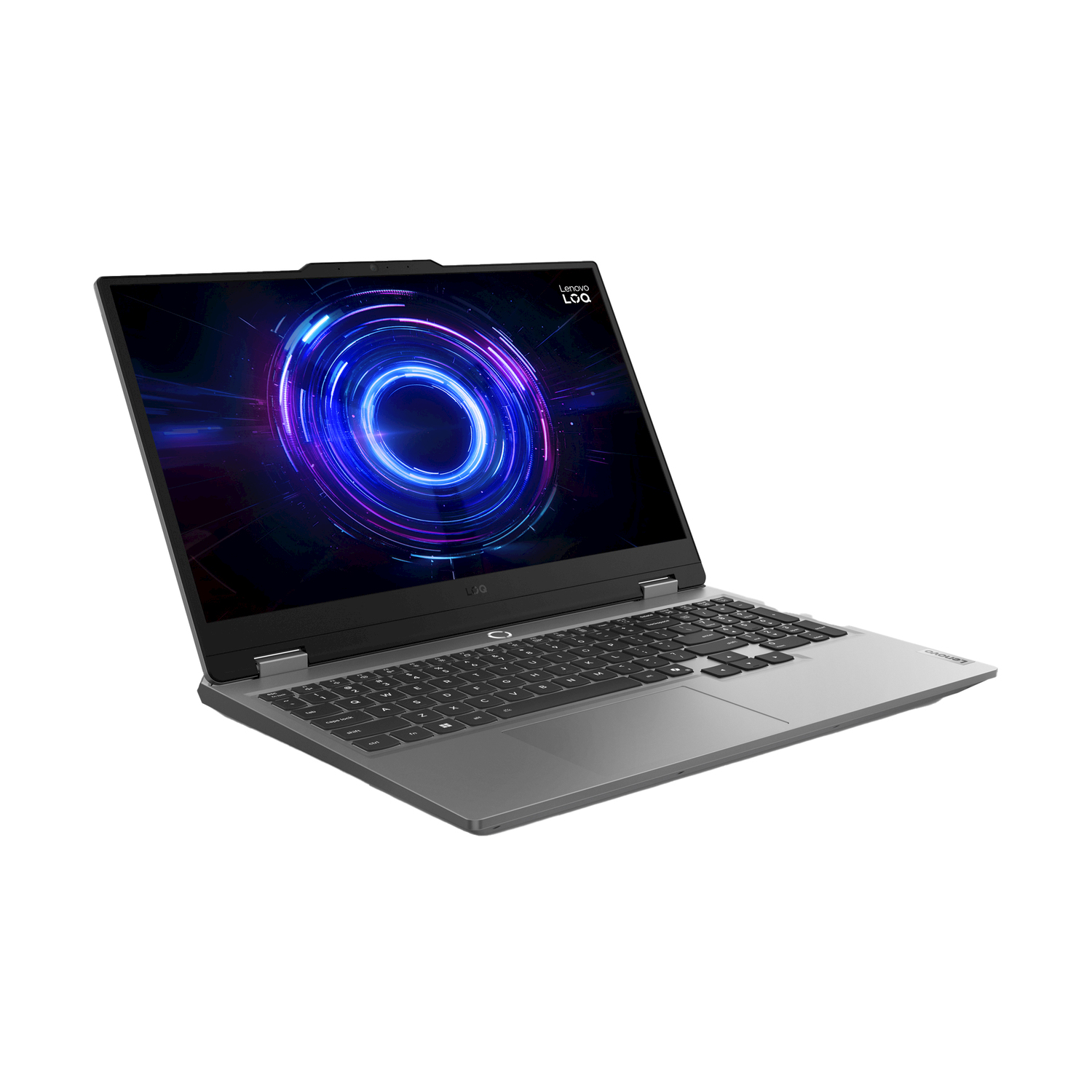 Laptop grigio con grafica circolare blu sullo schermo, isolato su bianco.