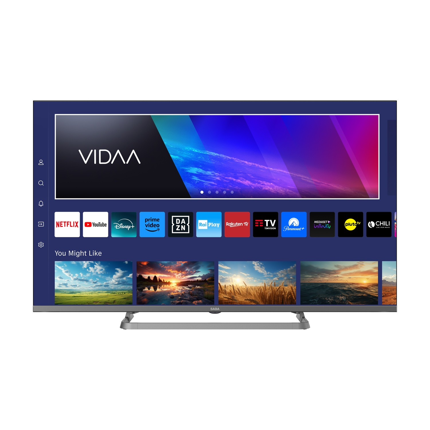 Nowoczesny telewizor wyświetla interfejs Smart TV z ikonami aplikacji i krajobrazami.