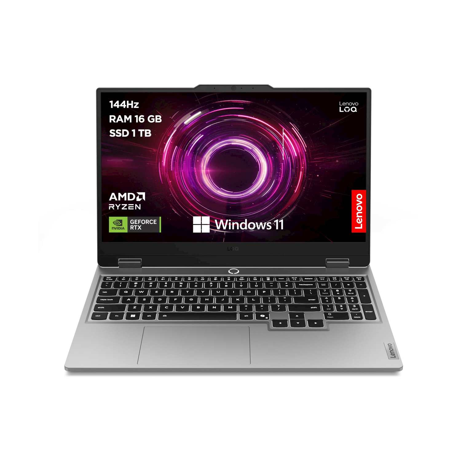 Un laptop Lenovo LOQ argentato con tastiera retroilluminata e Windows 11.