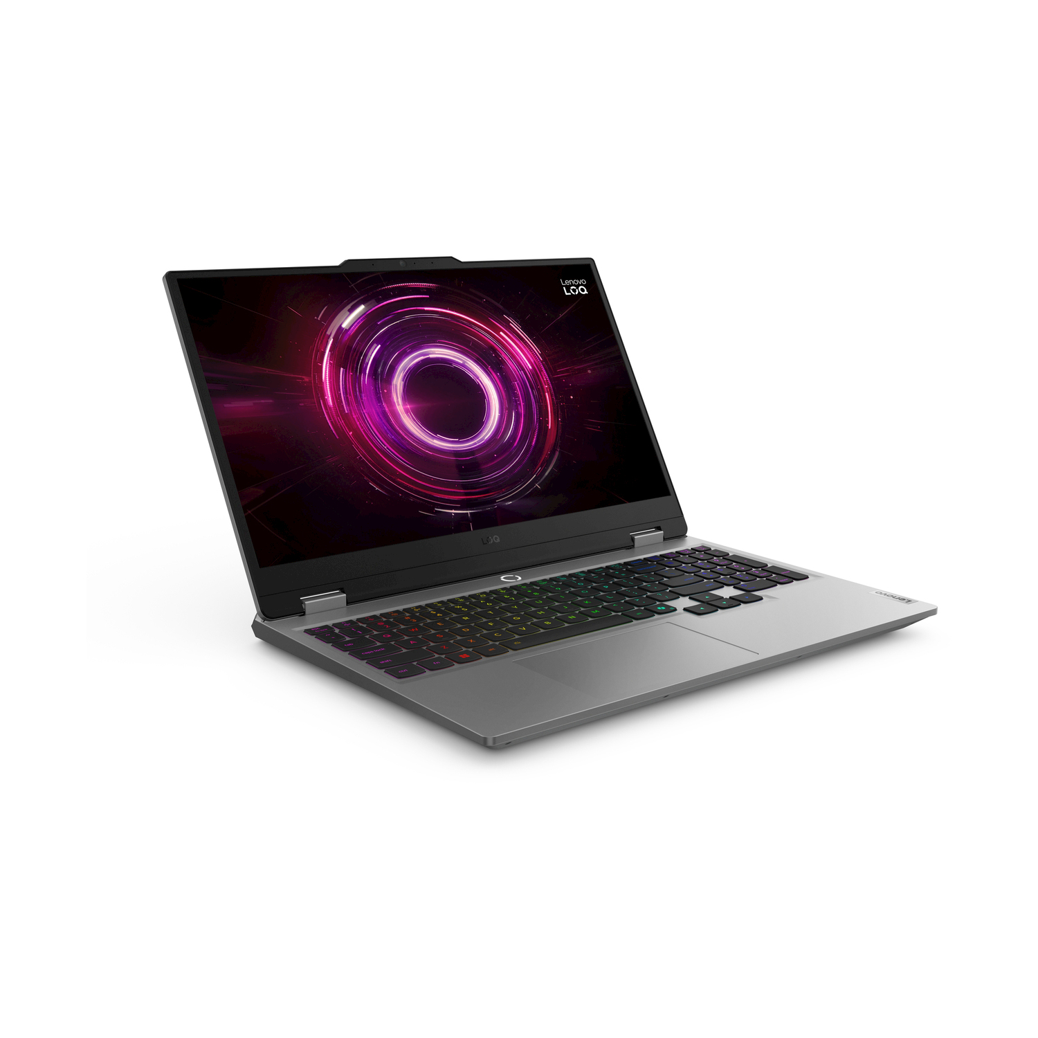 Un laptop gaming Lenovo grigio con tastiera colorata e grafica circolare rosa sullo schermo.