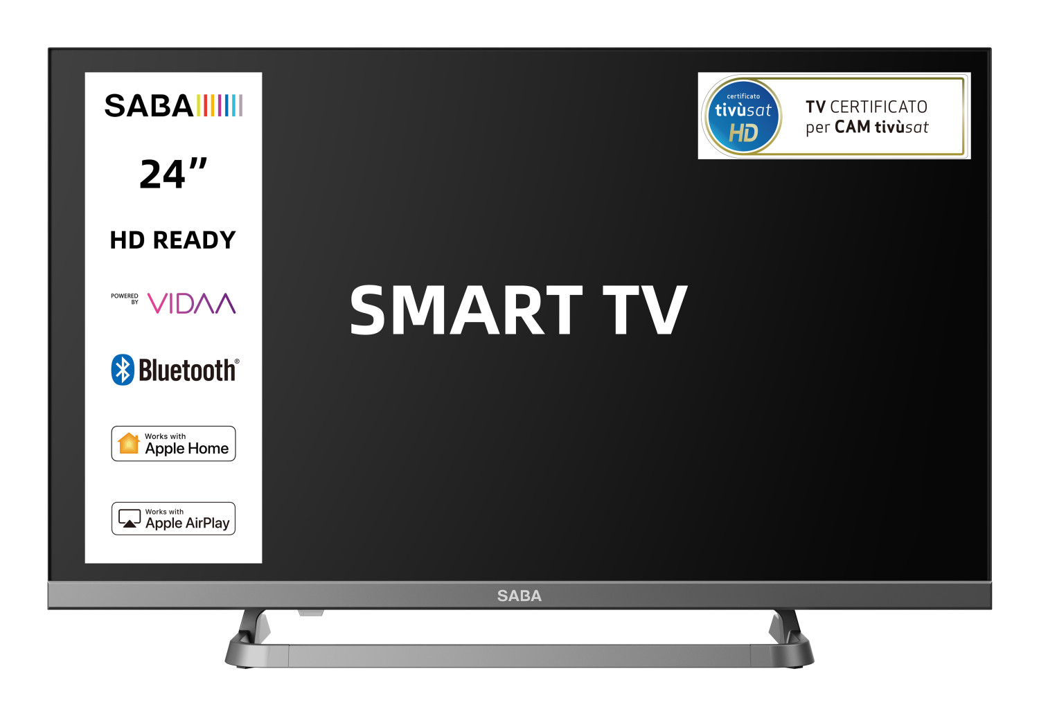 Smart TV SABA 24 pollici, HD Ready, Bluetooth, compatibile Apple Home/AirPlay.