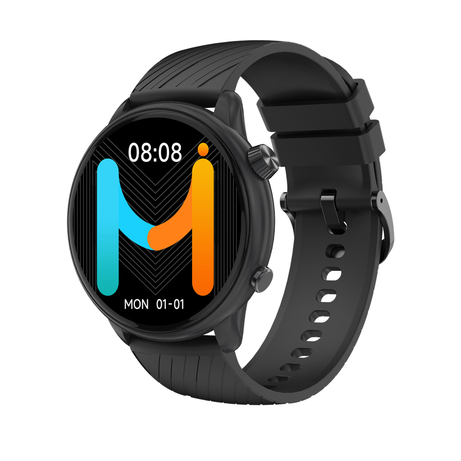 Uno smartwatch nero con display rotondo mostra le 08:08.