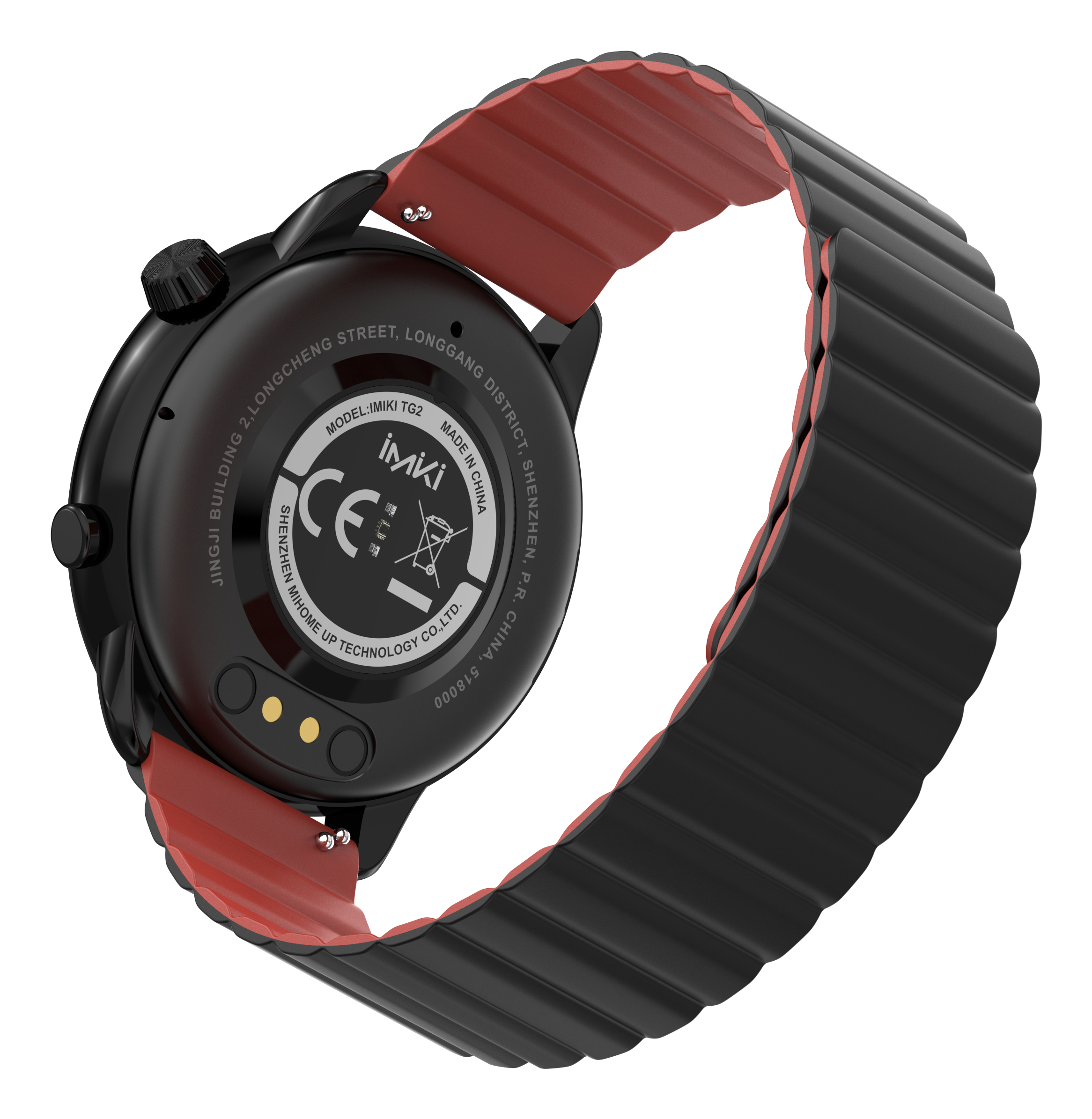 Smartwatch nero con cinturino rosso e nero, retro con dettagli del modello e produttore.