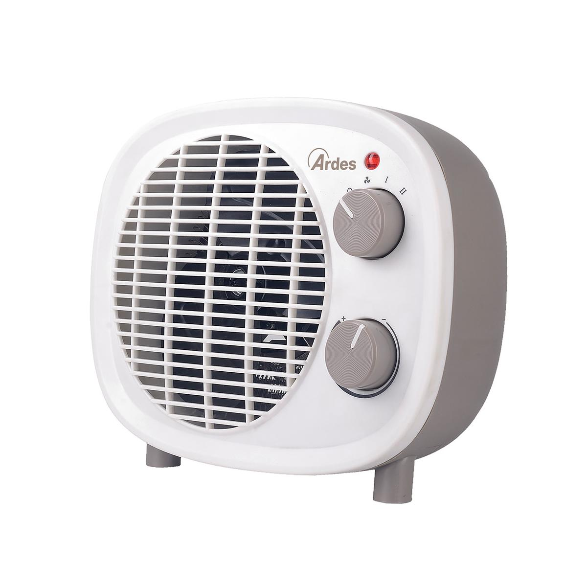 Biało-szara grzejnik Ardes z dwoma pokrętłami i kratką wentylacyjną.