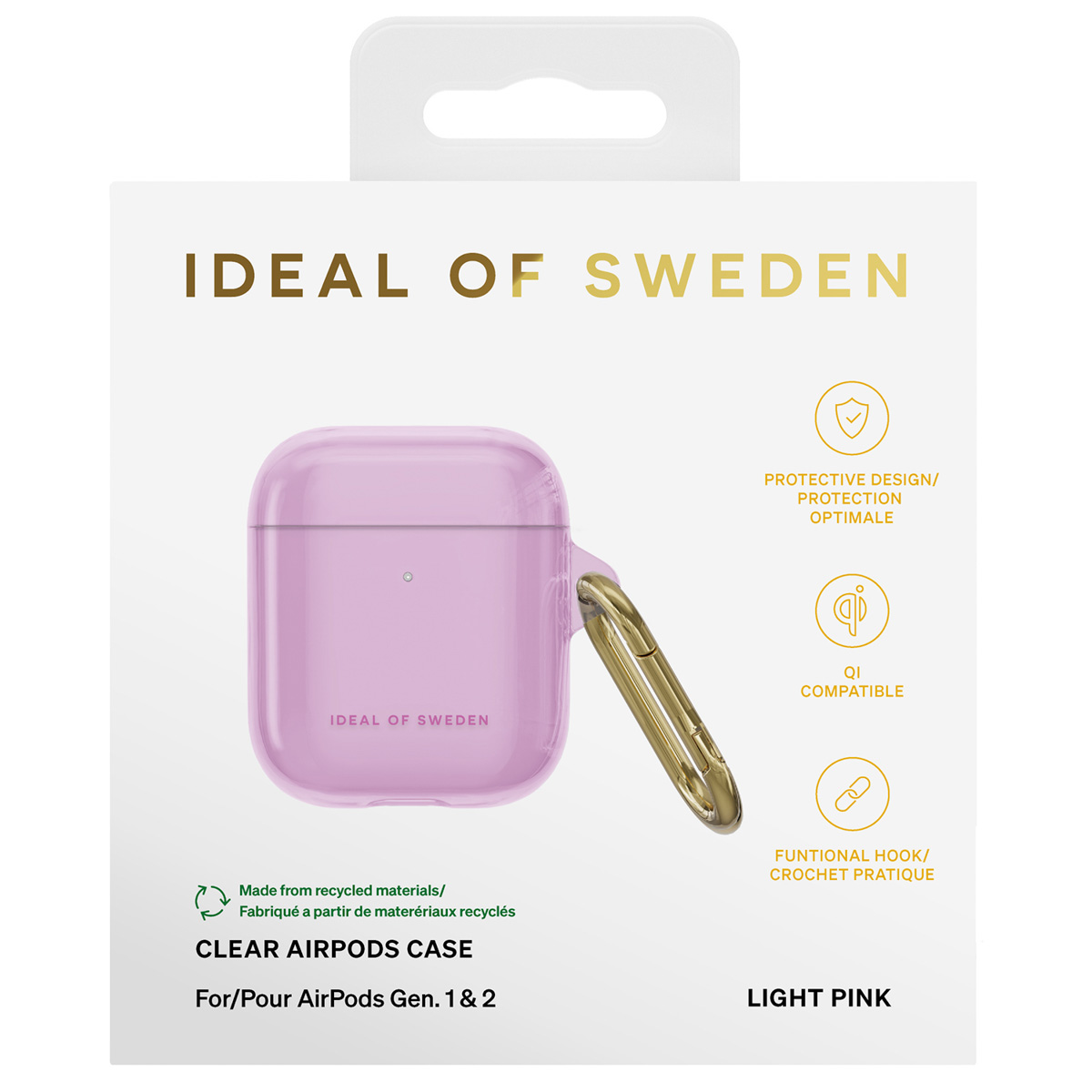 Lichtroze AirPods hoesje met gouden haak en Ideal of Sweden logo.