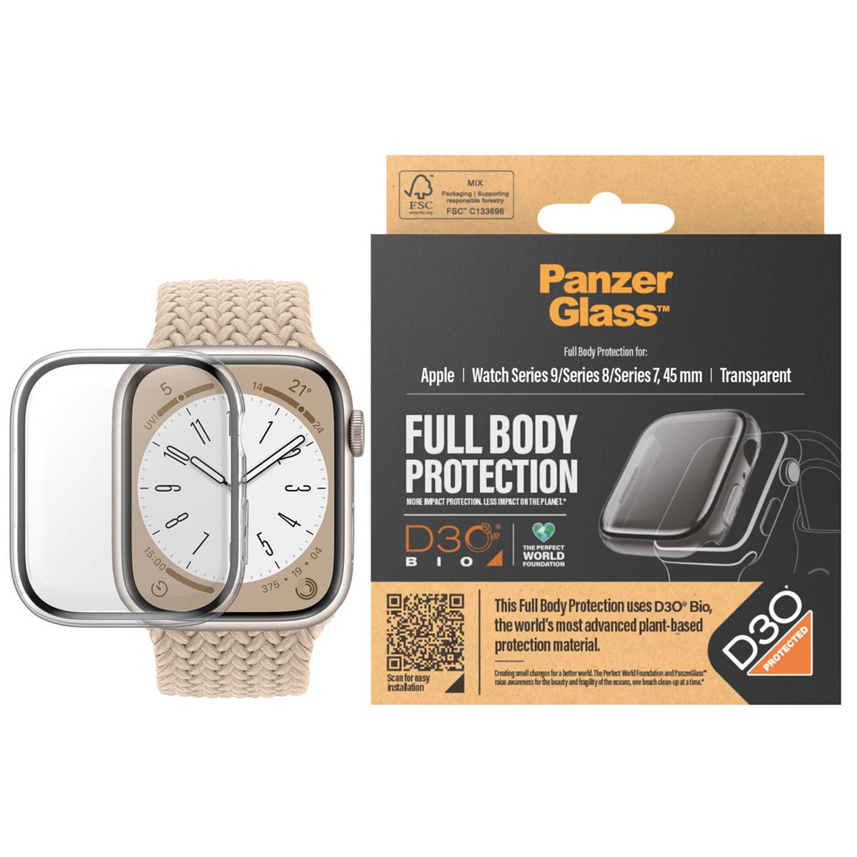 Protection écran Apple Watch avec bracelet et emballage. PanzerGlass D3O Bio.