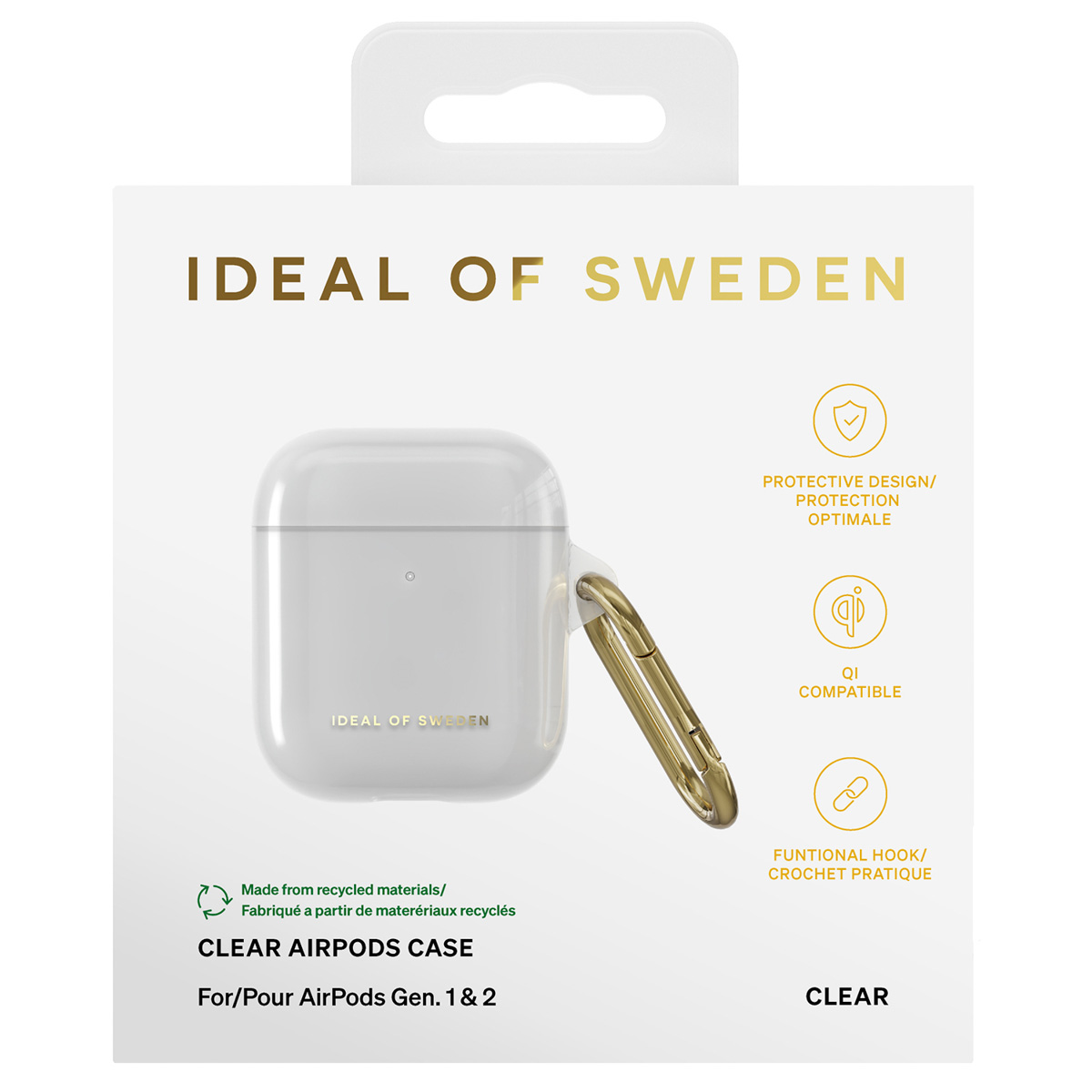 Transparante AirPods case van Ideal of Sweden met gouden karabijn.