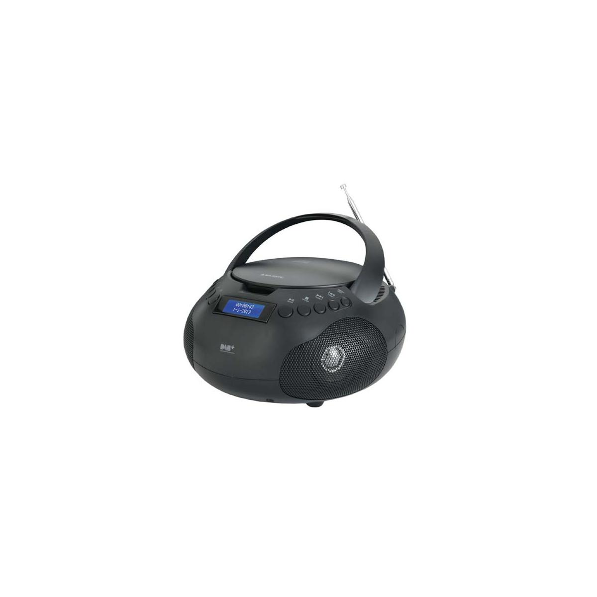 Lettore CD portatile nero con DAB+, antenna e display.