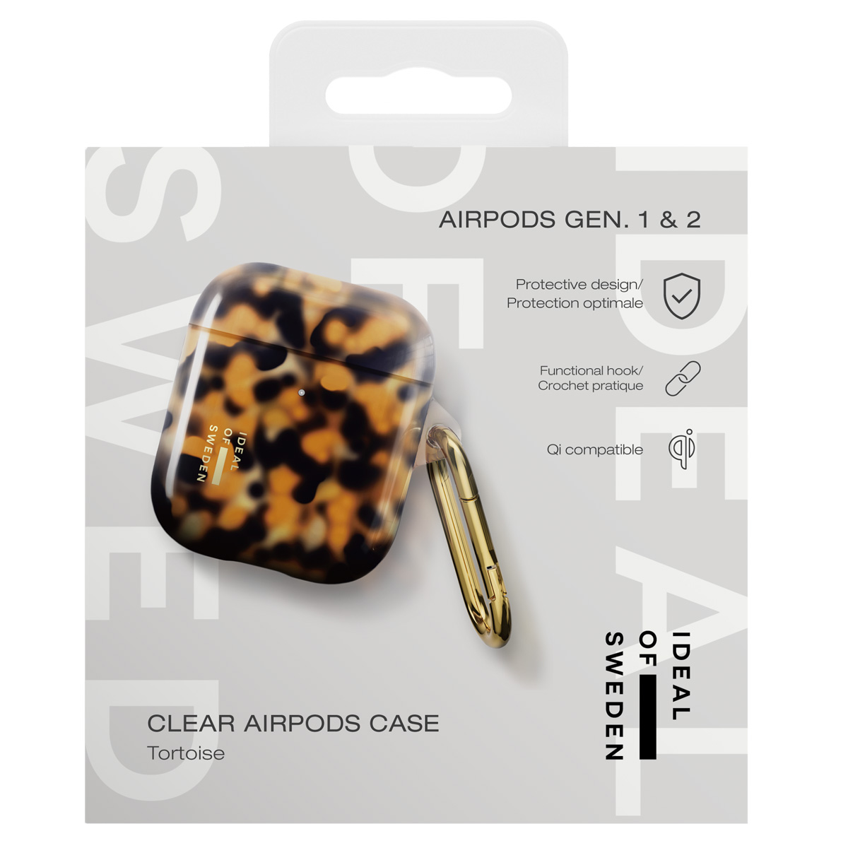 AirPod-hoesje met schildpadpatroon en gouden haak, tegen een grijze achtergrond.