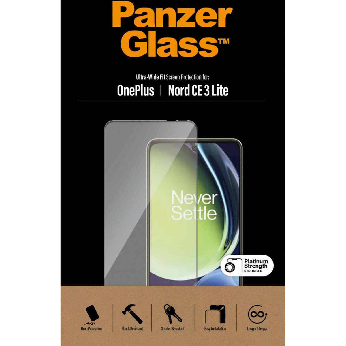 Panzer Glass screen protector for OnePlus Nord CE 3 Lite, shows features.