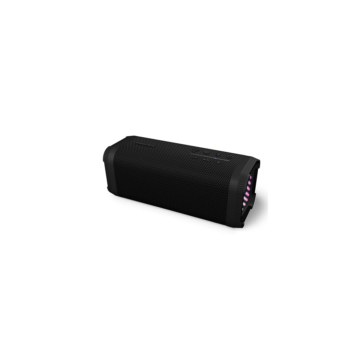 Schwarzer Bluetooth-Lautsprecher mit Lichtern an der Seite, auf weißem Hintergrund.