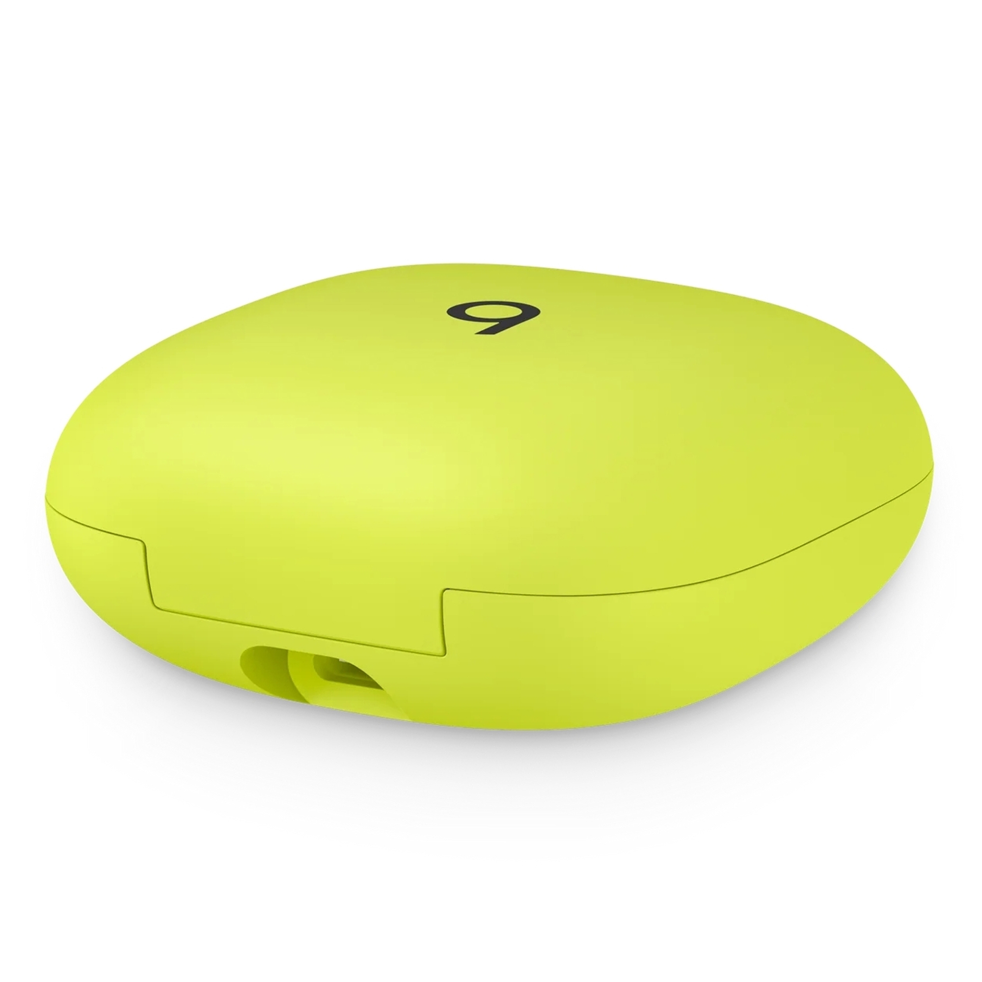 Jasnożółte etui ładujące z czarnym logo.