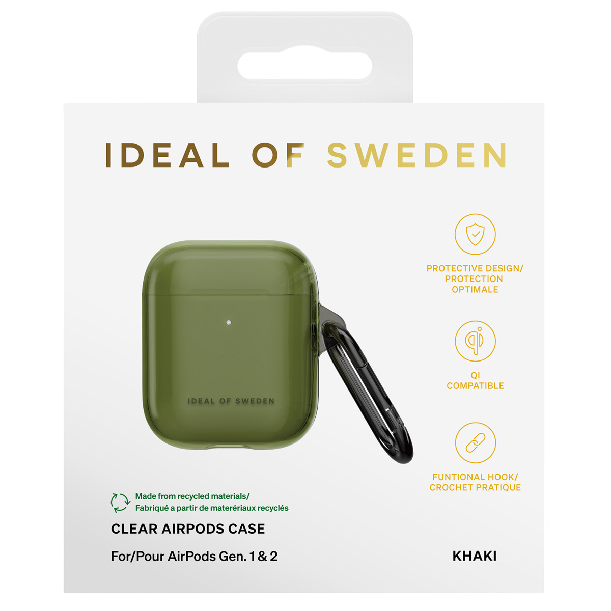 Khakifarbene AirPods Hülle von Ideal of Sweden mit Karabiner.