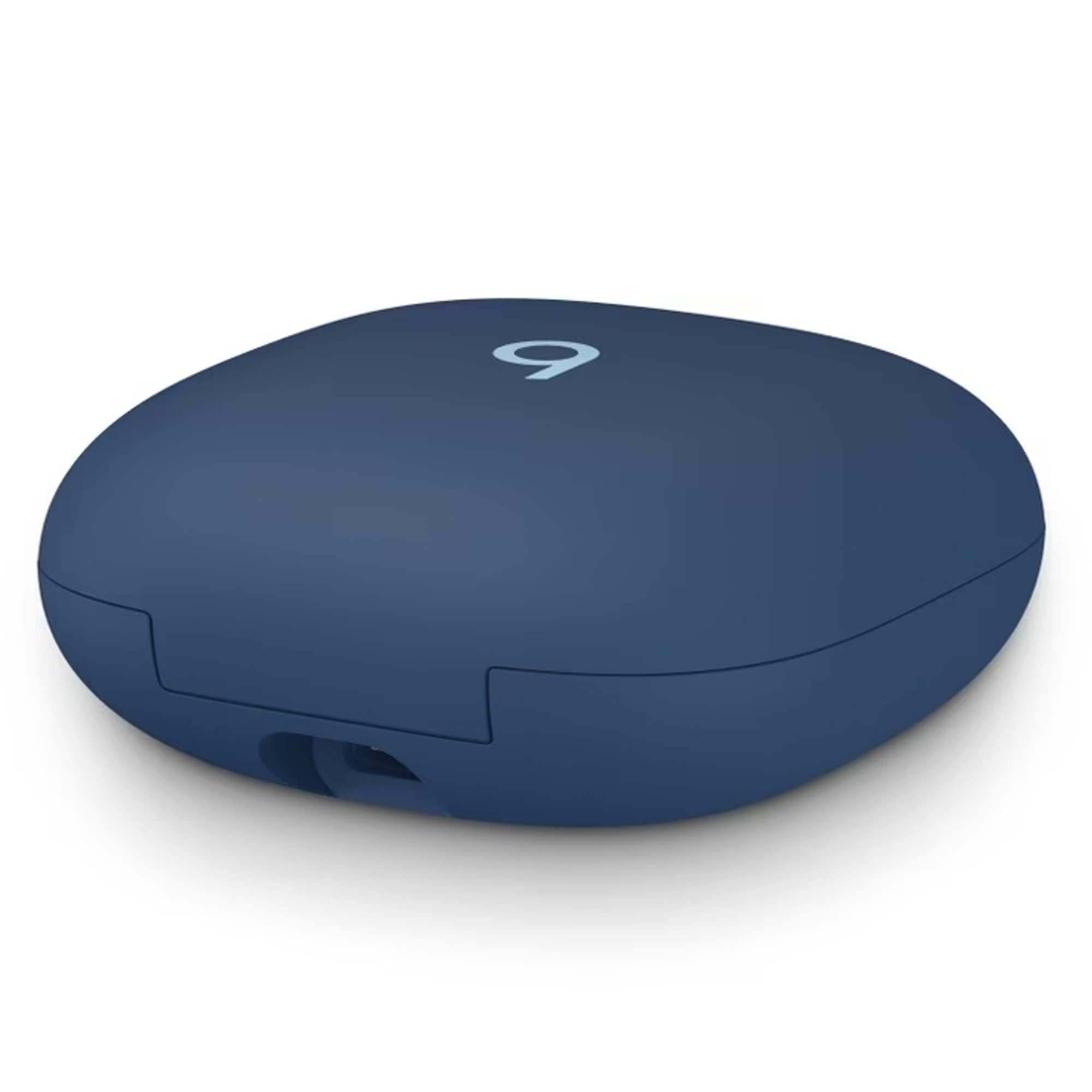 Zamknięte niebieskie etui ładujące z jasnoniebieskim logo '9'.