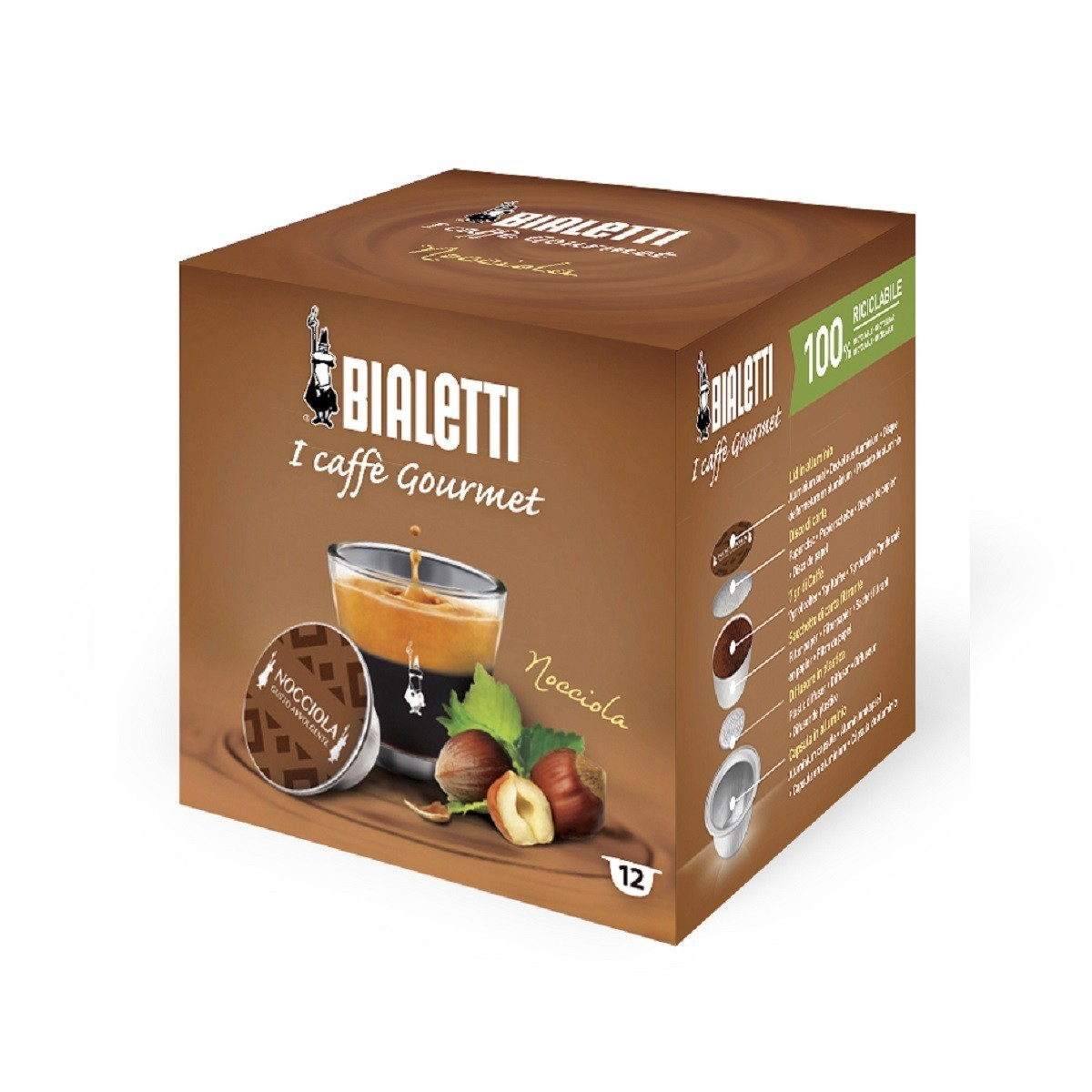 Scatola di capsule caffè Bialetti Nocciola con tazza, nocciole e foglie.