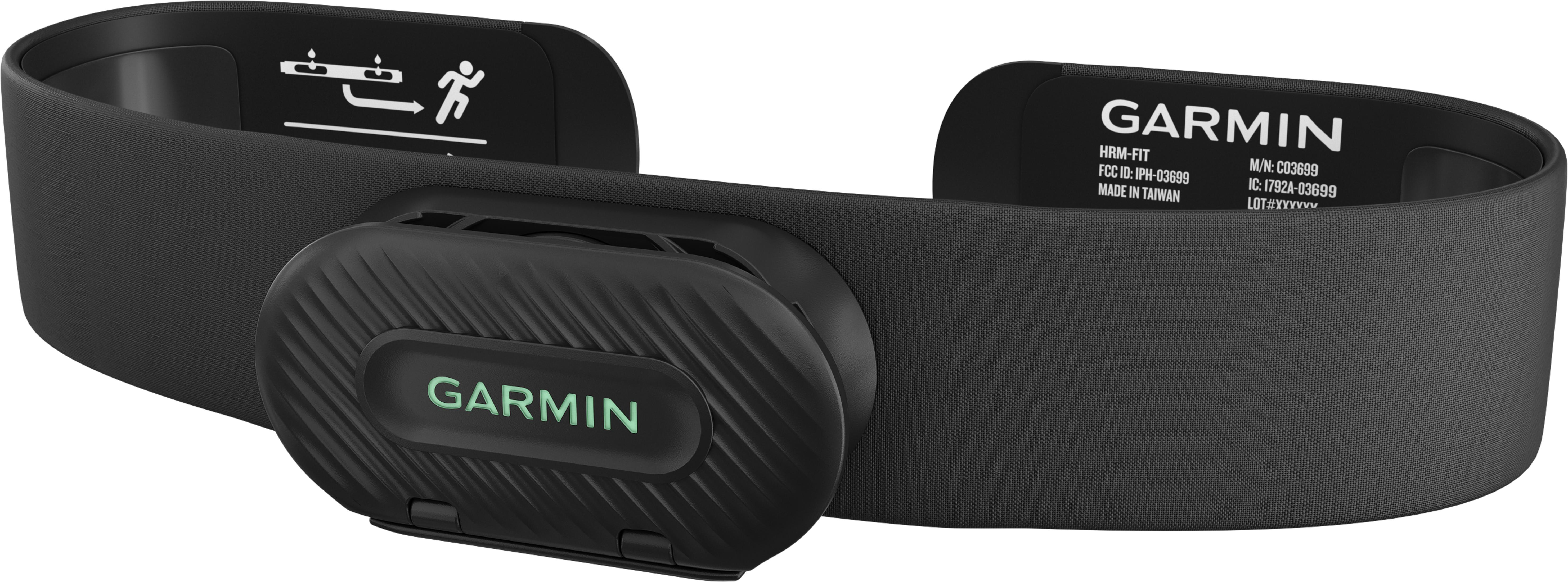 Merkezi modüllü siyah bir Garmin kalp atış hızı monitörü kayışı.
