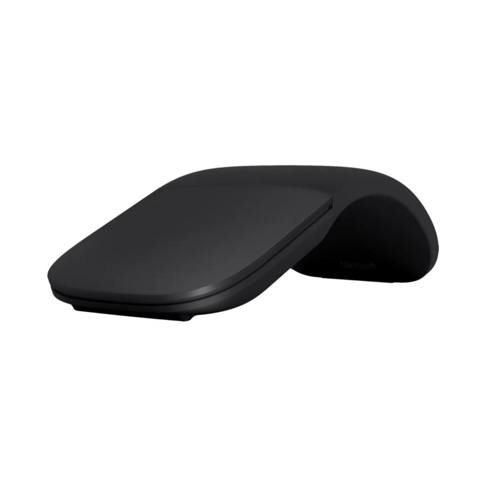 Mouse Microsoft pieghevole nero su sfondo bianco.