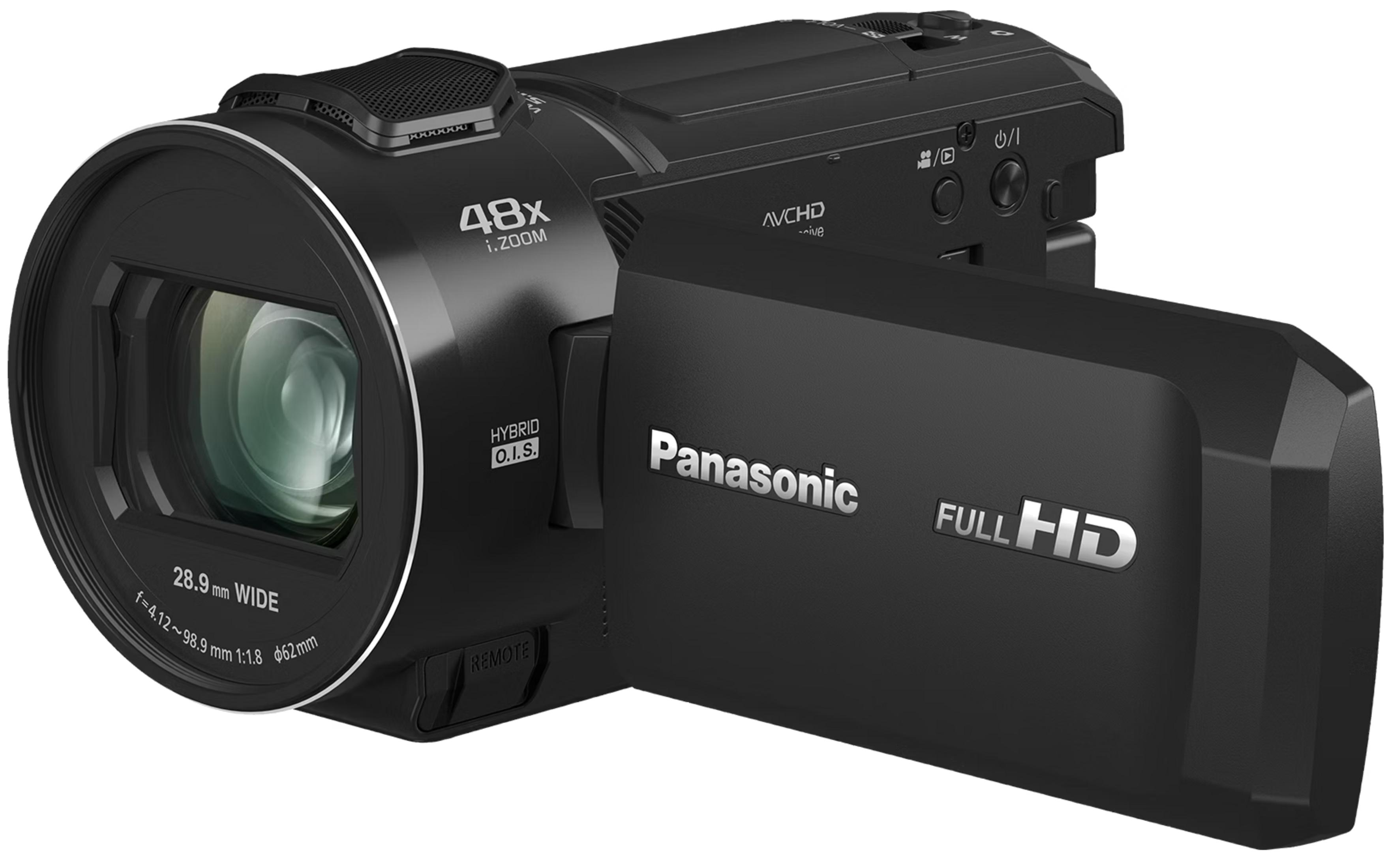 Schwarze Panasonic Camcorder mit 48x Zoom, FULL HD und "REMOTE"-Anschluss.