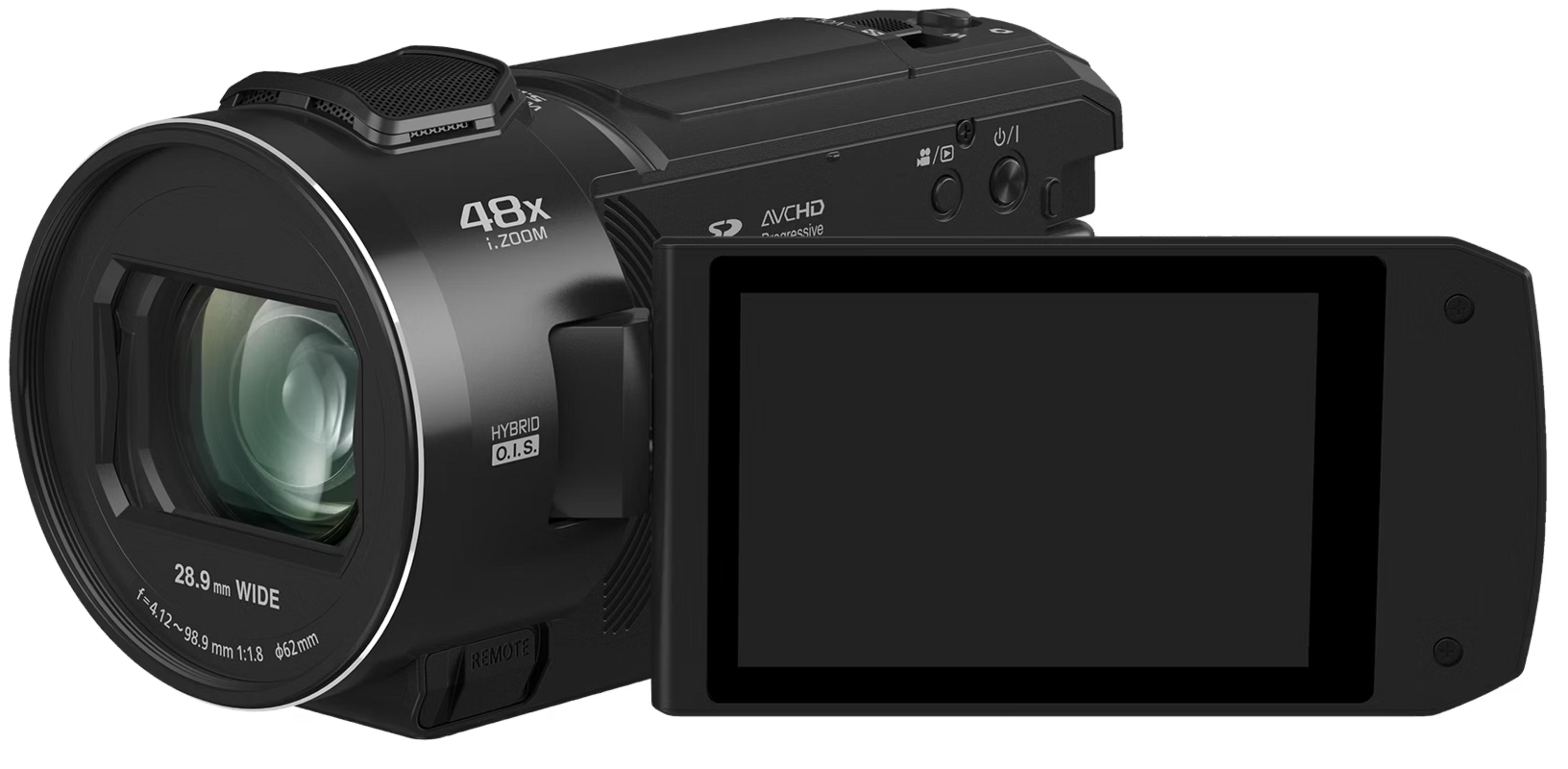 Schwarzer Camcorder mit 48x Zoom, ausklappbarem Bildschirm und Hybrid O.I.S.