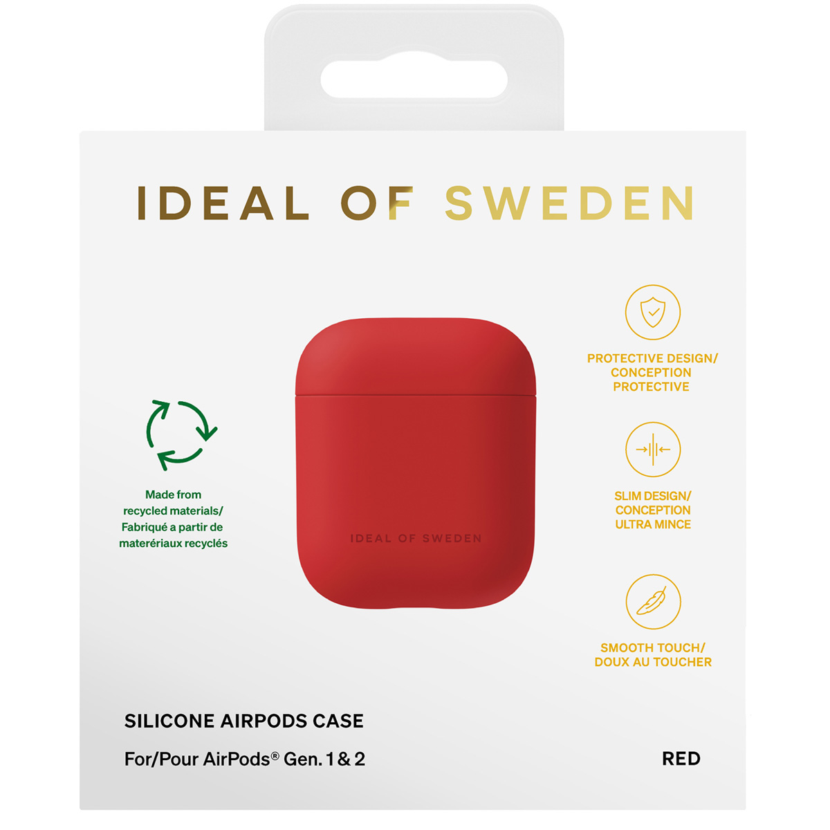 Funda roja Ideal of Sweden para AirPods hecha de material reciclado con protección.