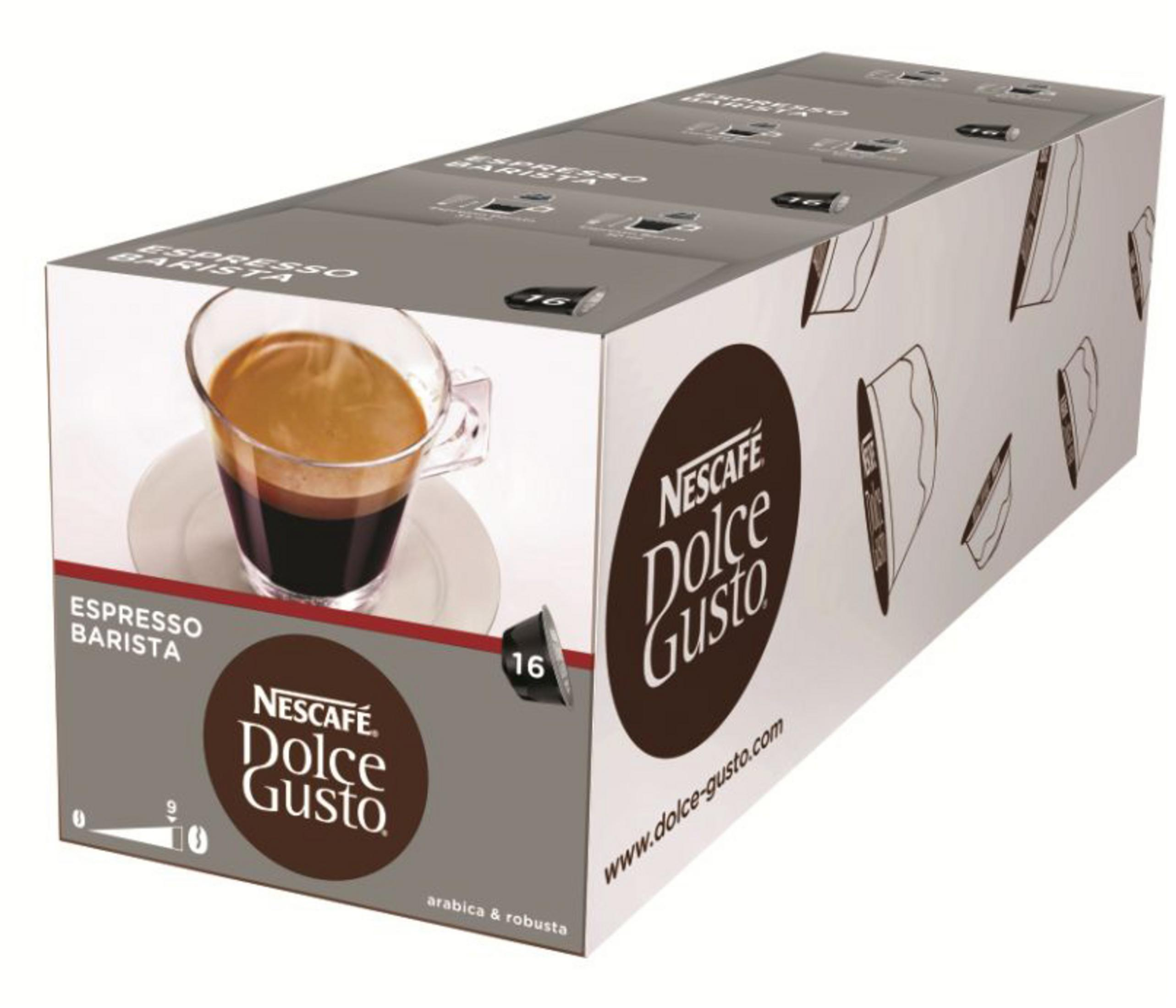 Verpackung mit Nescafé Dolce Gusto Espresso Barista Kapseln und einer Tasse Kaffee.