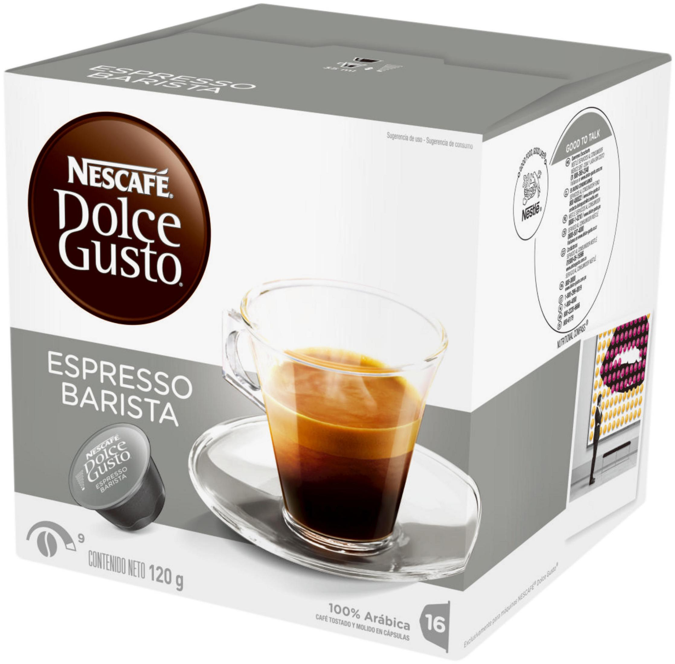 Packung Nescafé Dolce Gusto Espresso Barista mit einer Tasse Kaffee.