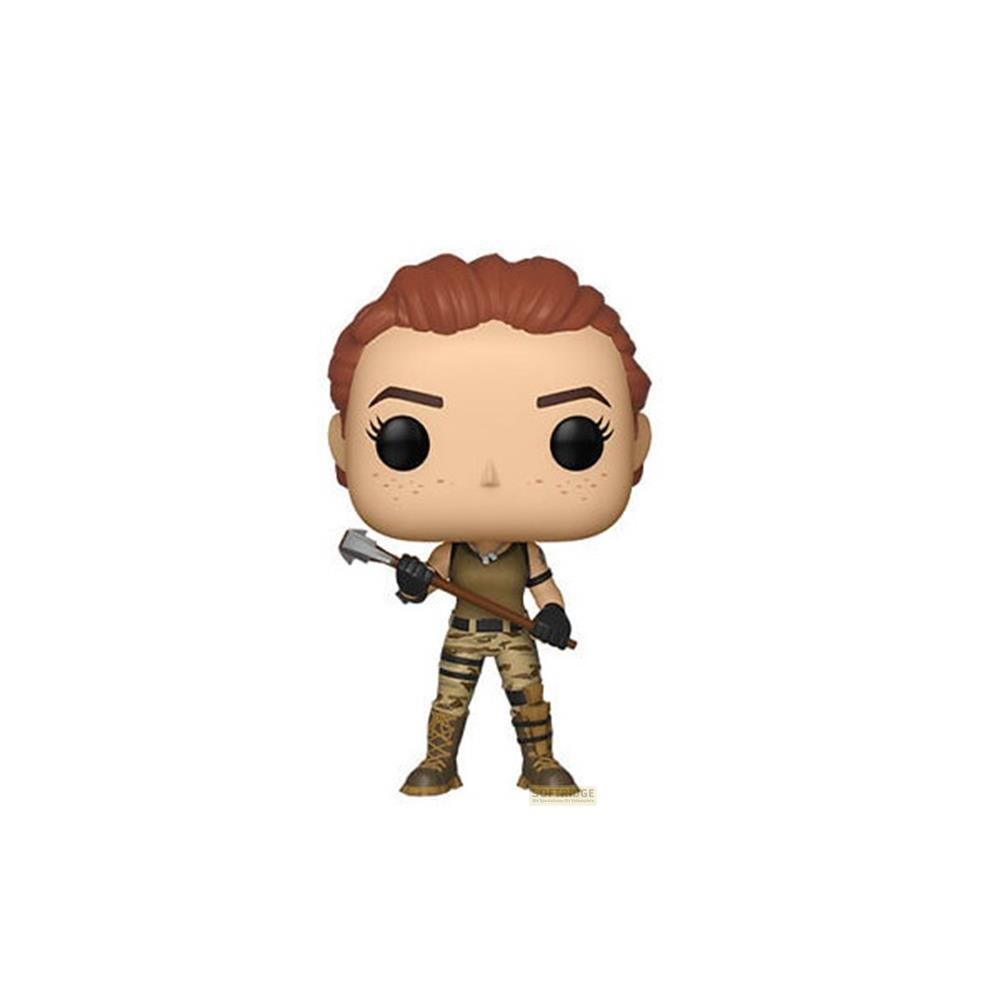 Ein Funko Pop Vinyl von Lara Croft mit Axt und Tarnkleidung.