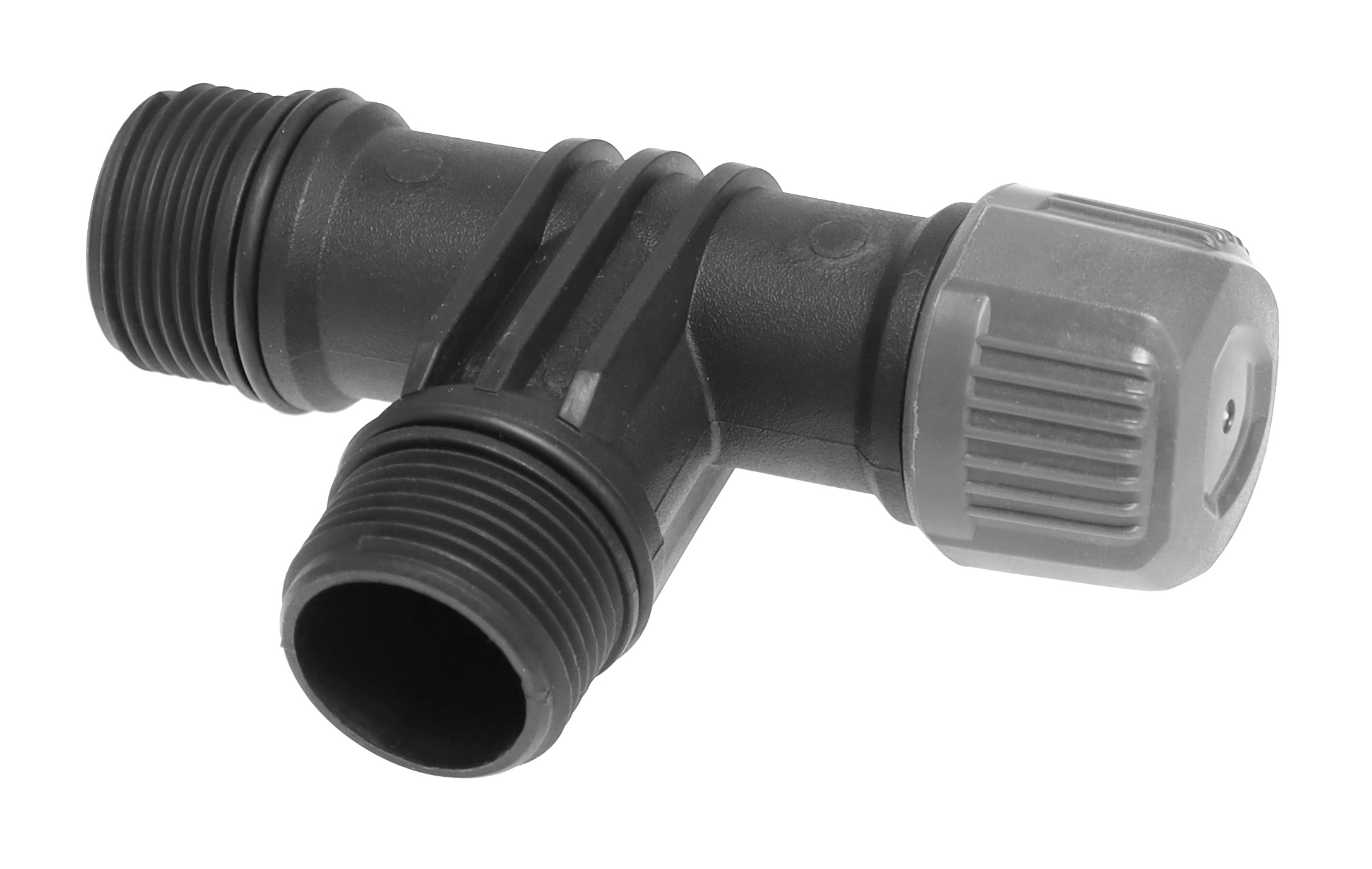 Conector en T negro con extremos roscados y tapa gris de giro.