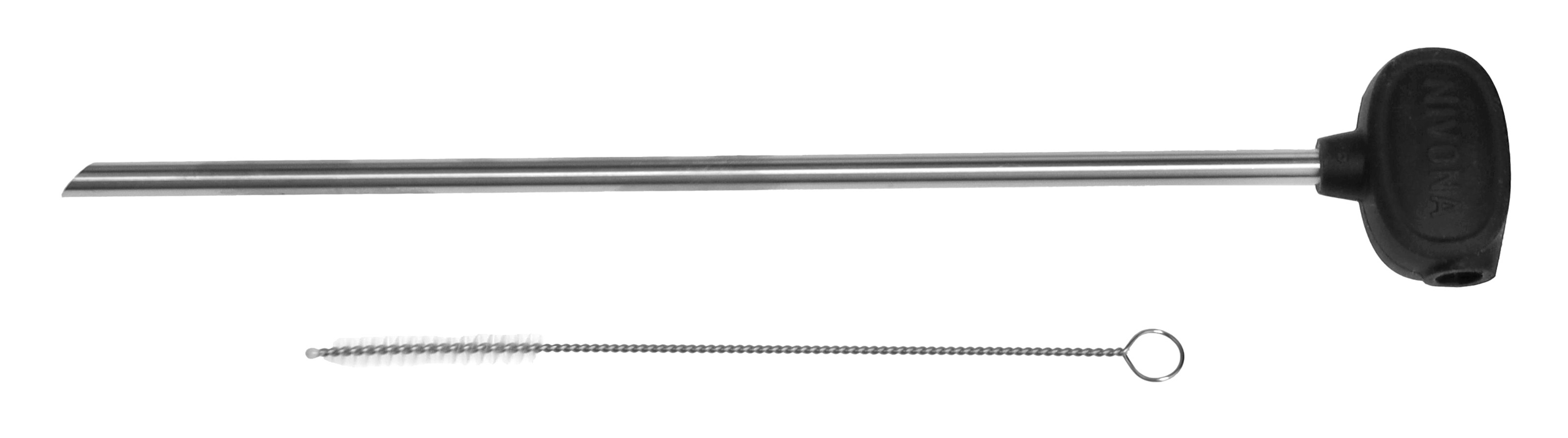 Ein Metallrohr mit schwarzem Griff und eine Bürste mit Drahtgriff.