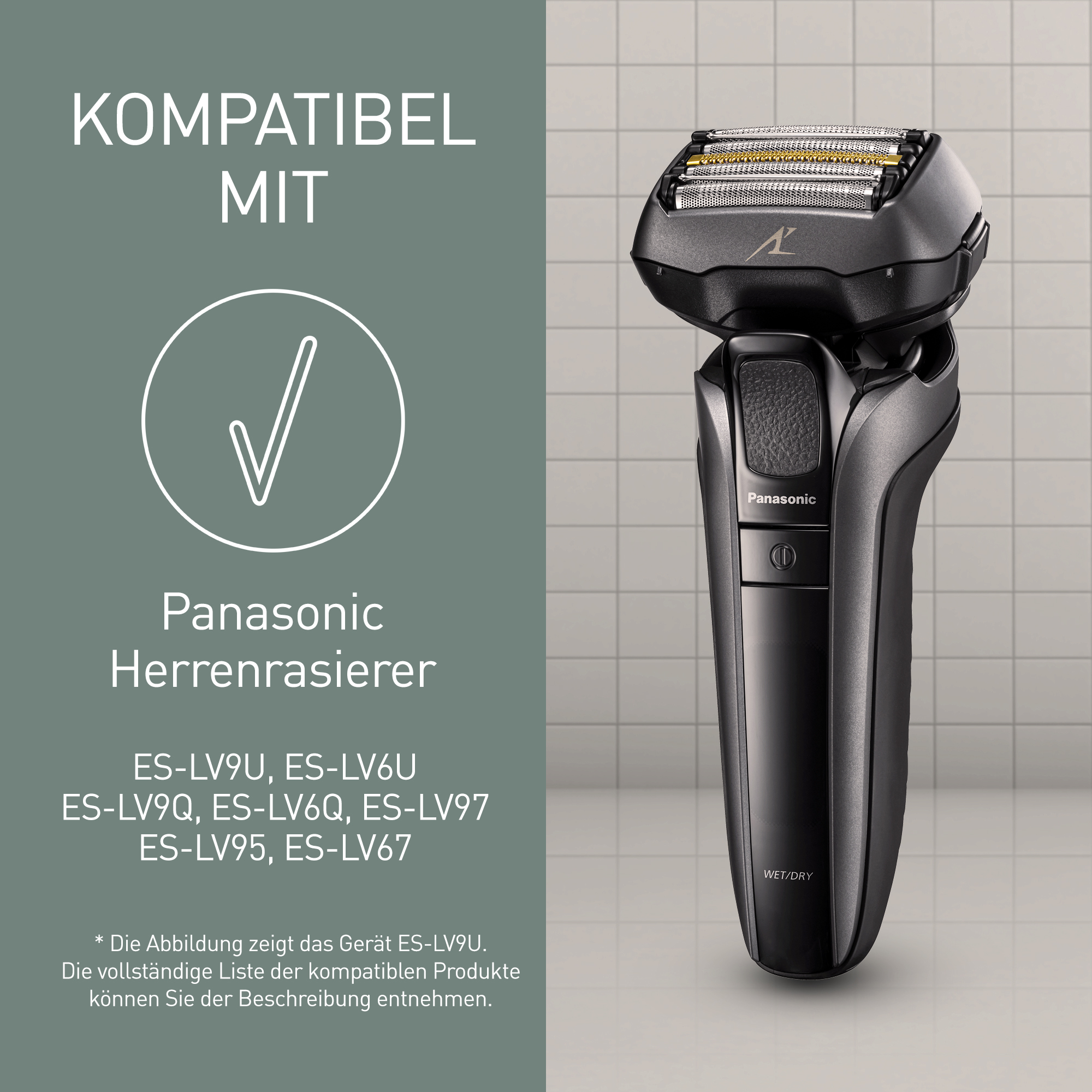 Ein schwarzer Panasonic Rasierer mit drei Scherköpfen auf grauem Hintergrund.