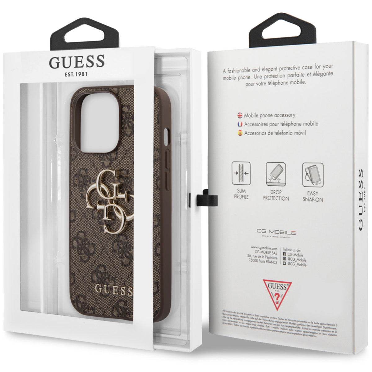 Custodia Guess con monogramma marrone e logo dorato in confezione.