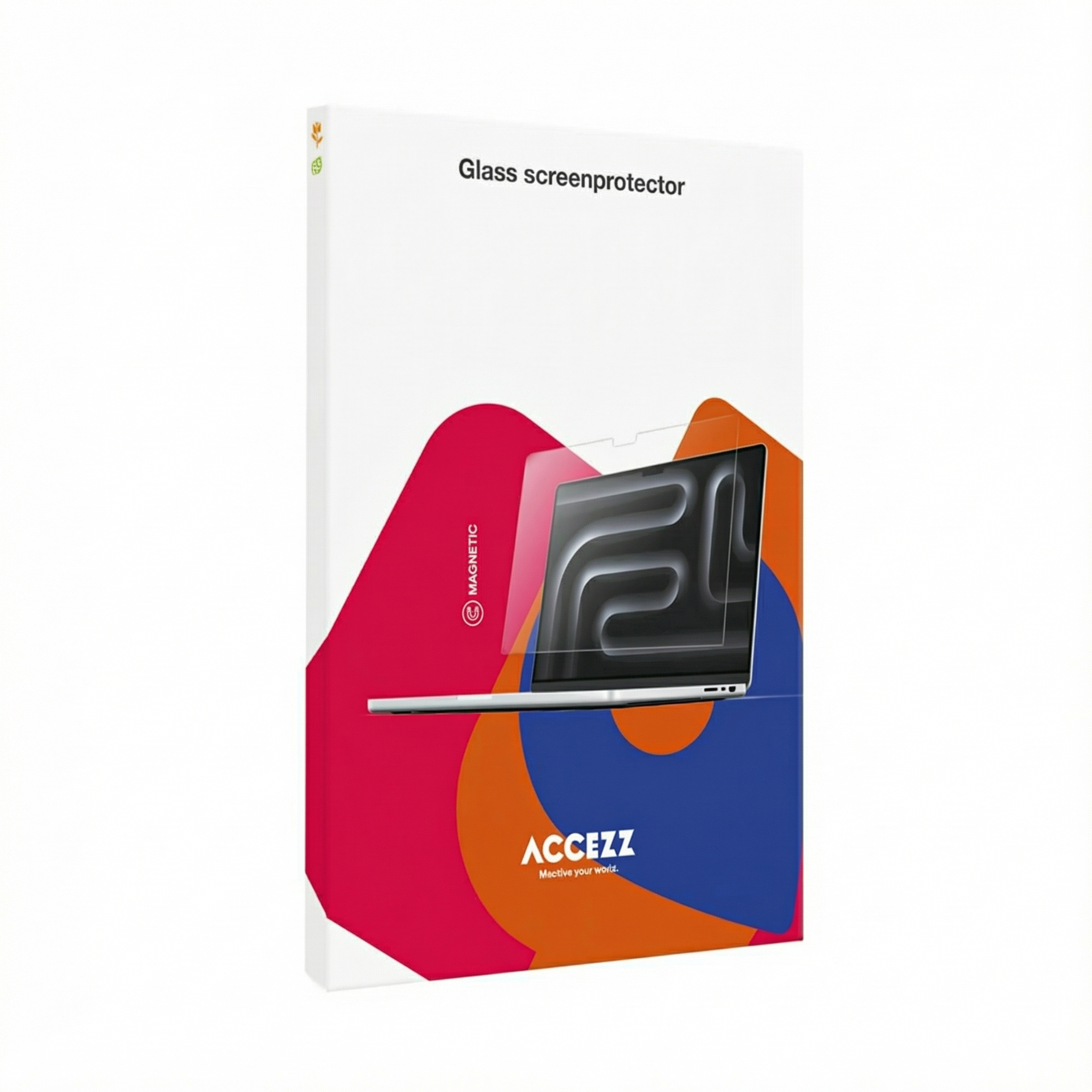 Confezione con immagine di laptop e protezione schermo. Testo: Glass screenprotector.