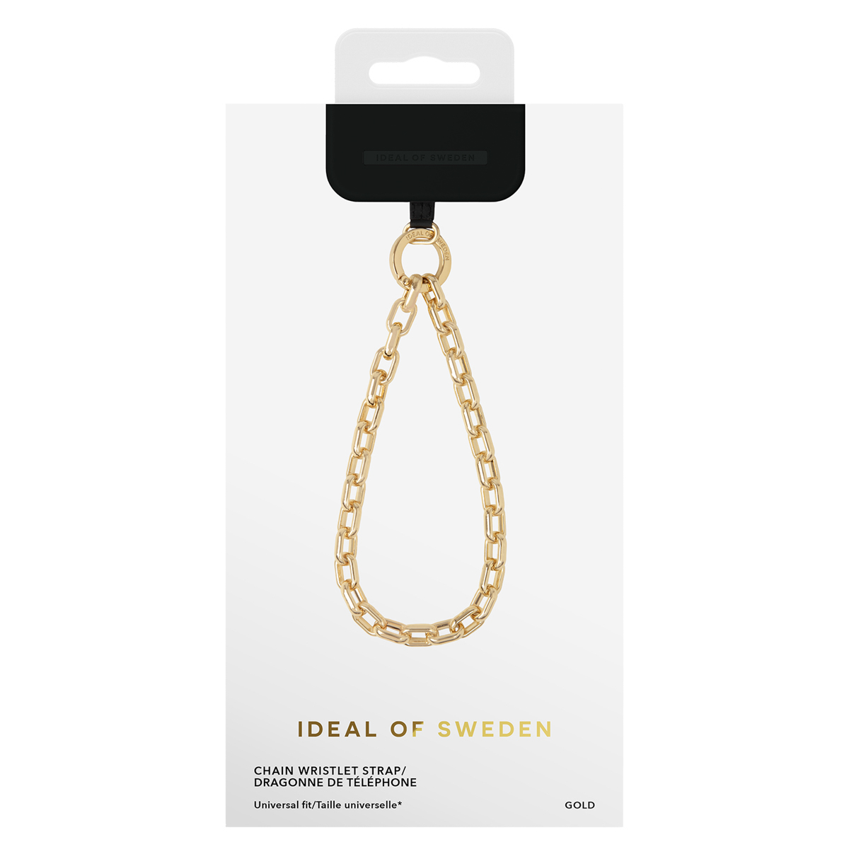 Goldene Kettenglied-Handgelenkschlaufe von Ideal of Sweden mit schwarzem Aufhänger.