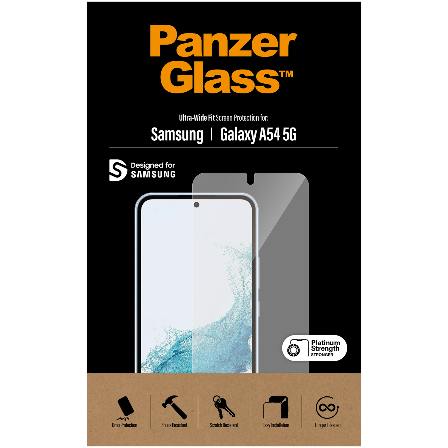 Panzer Glass for Samsung Galaxy A54 5G with icons for protection and durability.
