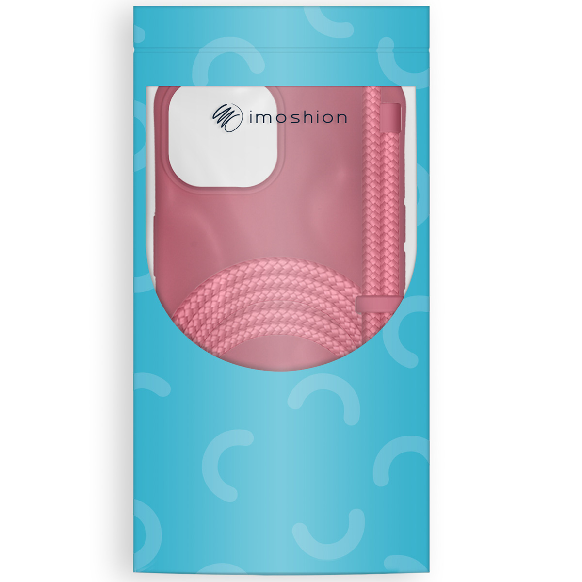 Een roze telefoonhoesje met een gevlochten koord in een blauwe verpakking.