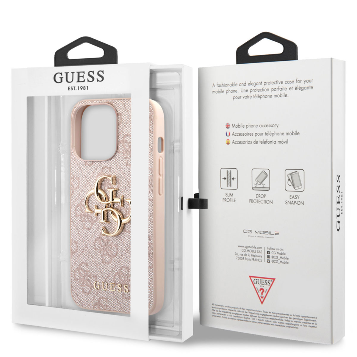 Una custodia rosa per telefono Guess con logo, confezionata in una scatola bianca.