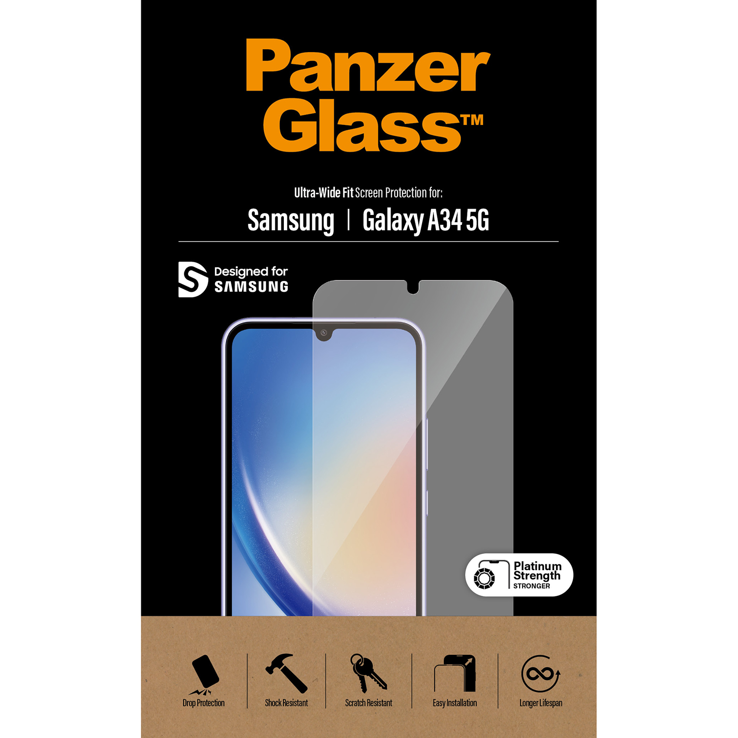 Panzer Glass screenprotector voor Samsung Galaxy A34 5G. Valbescherming.
