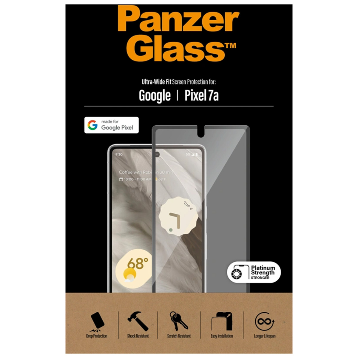Folia ochronna Panzer Glass na ekran Google Pixel 7a z ikonami ochrony i trwałości.