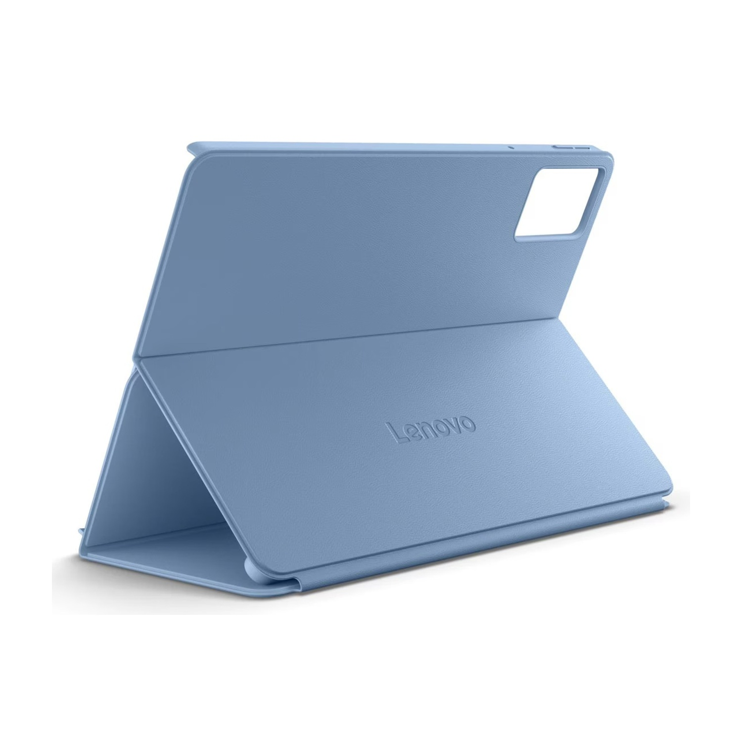 Ein hellblaues Lenovo Tablet-Cover steht aufrecht auf weißem Hintergrund.