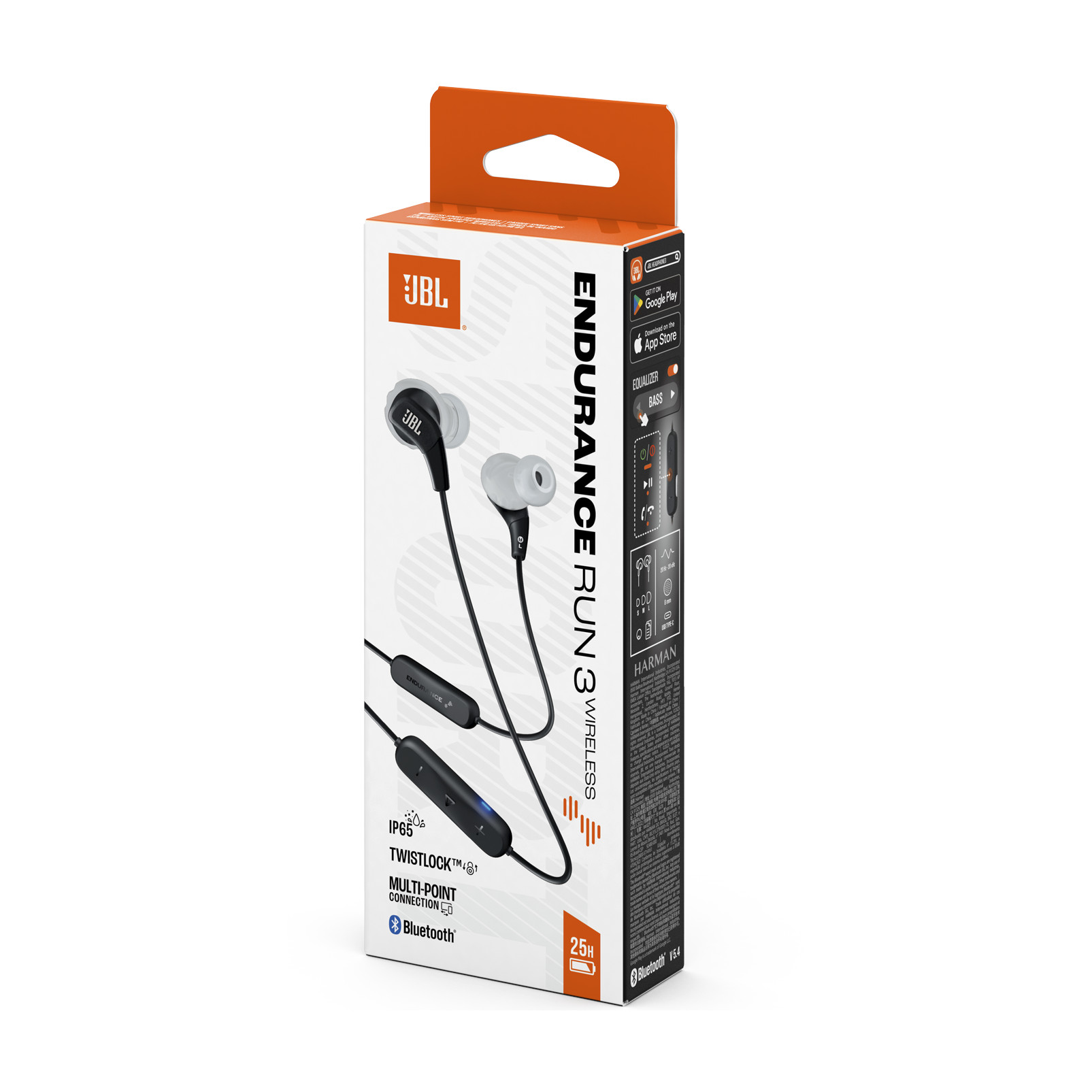 Verpackung mit JBL Endurance Run 3 Wireless Kopfhörern, schwarz, mit orangefarbenem Aufhänger.
