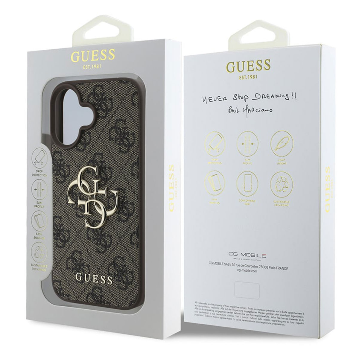 Custodia Guess con motivo monogramma e logo dorato sul davanti.