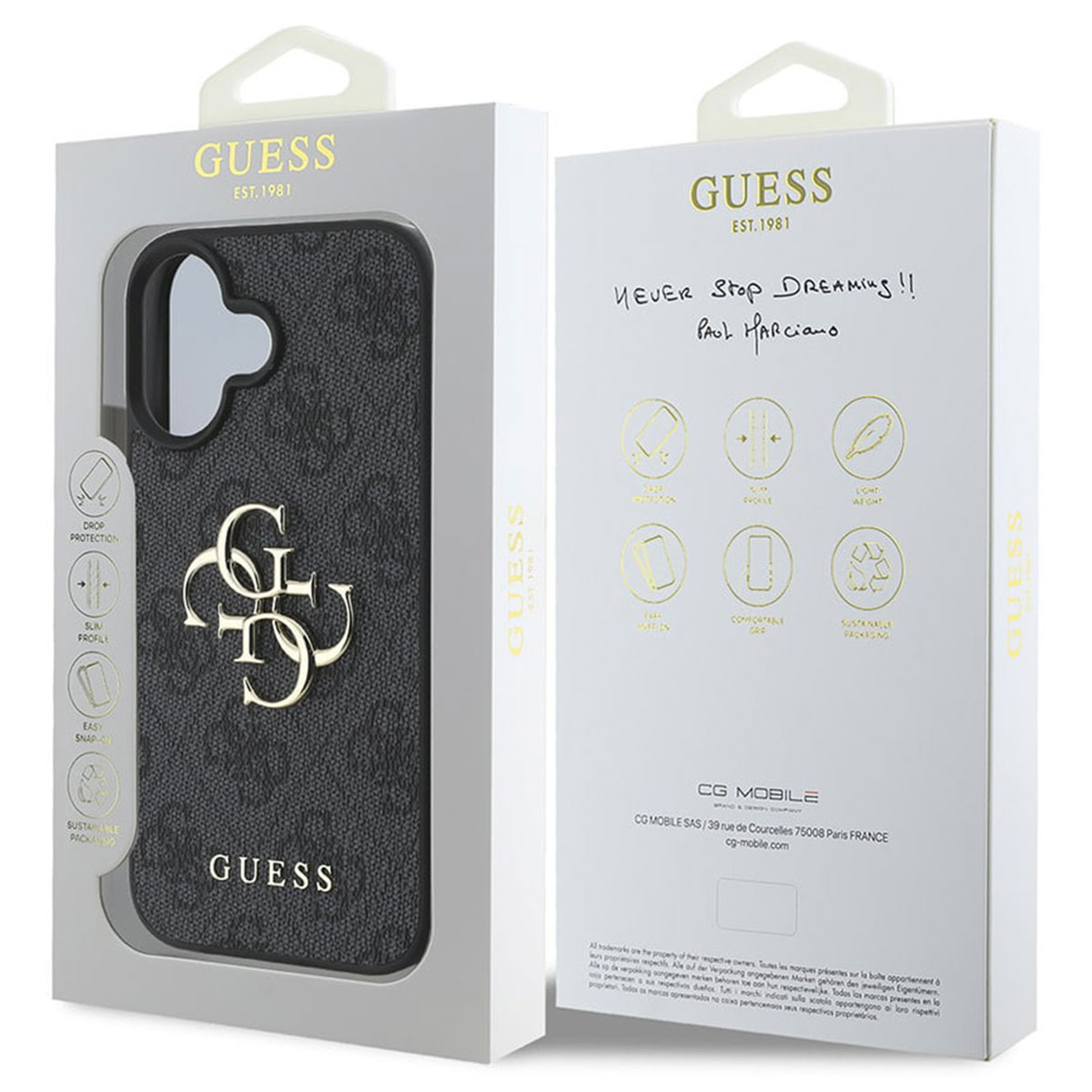 Graue Guess Handyhülle mit goldener Logo-Prägung und passender Verpackung.