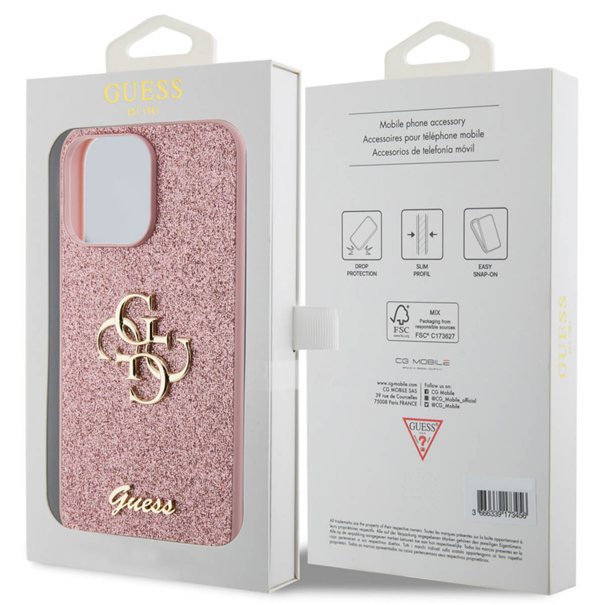 Una cover Guess rosa glitterata con logo dorato sul davanti.