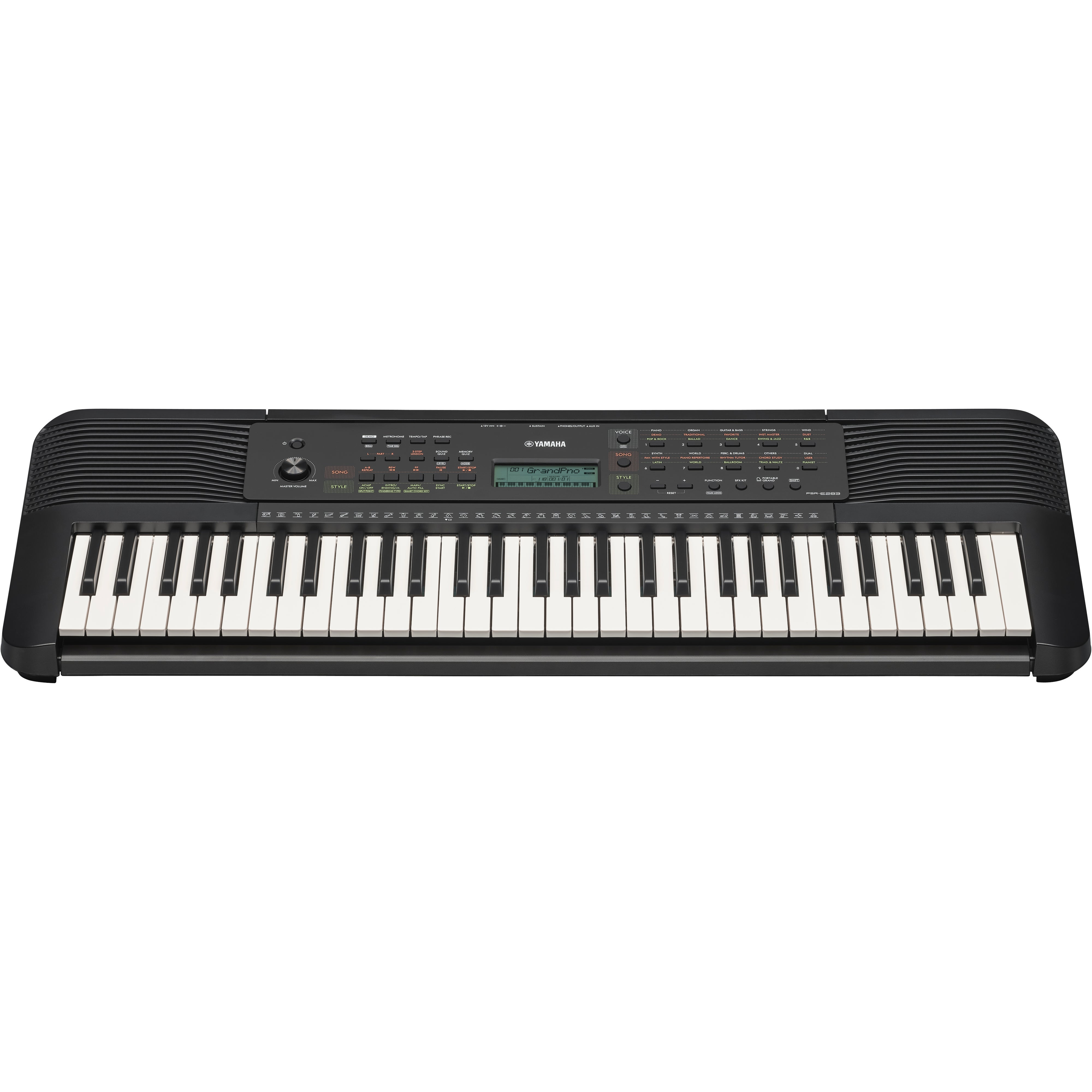 Schwarzes Yamaha Keyboard mit 61 Tasten und Display.