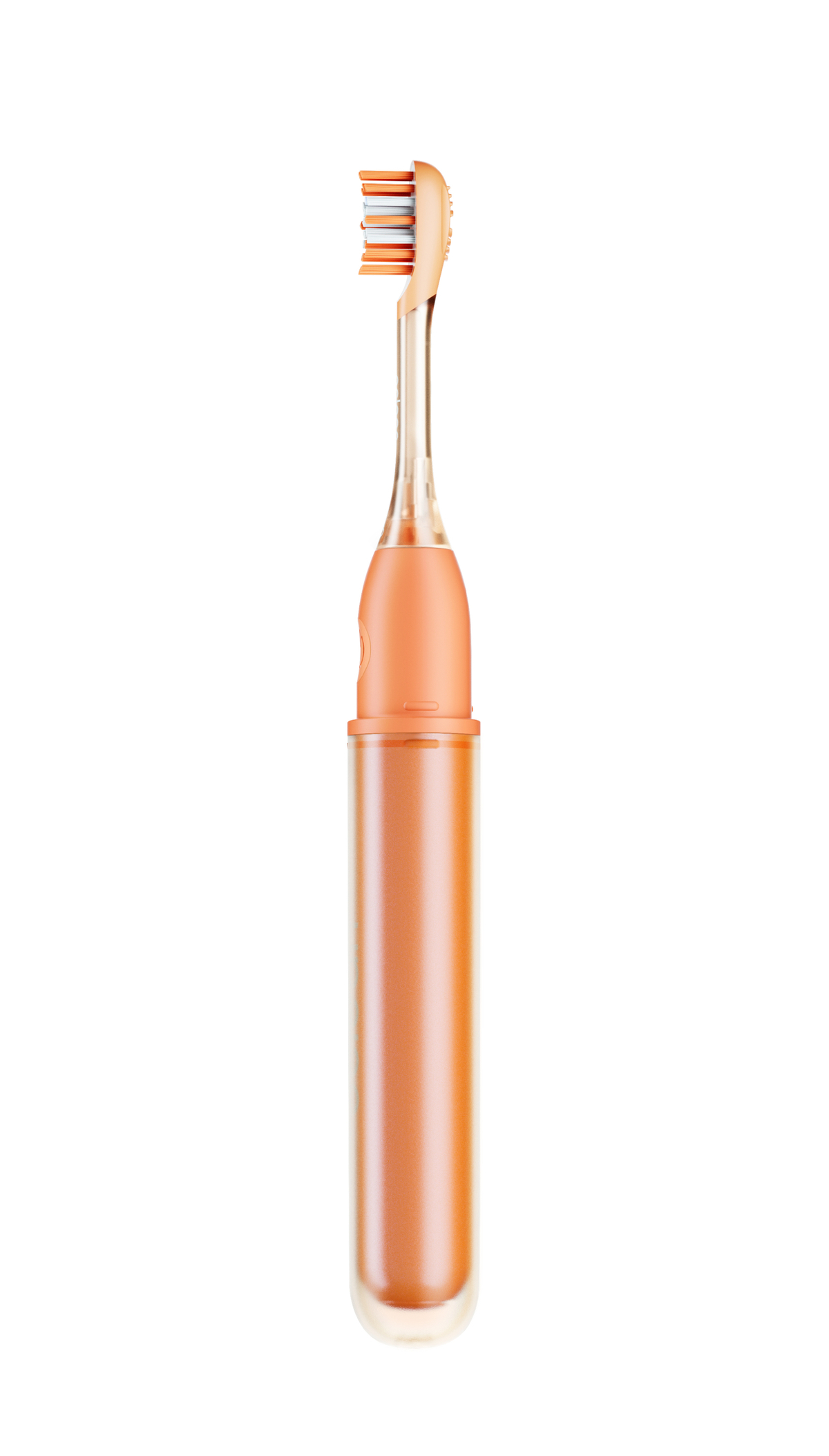 Eine orangefarbene elektrische Zahnbürste mit transparentem Griff.