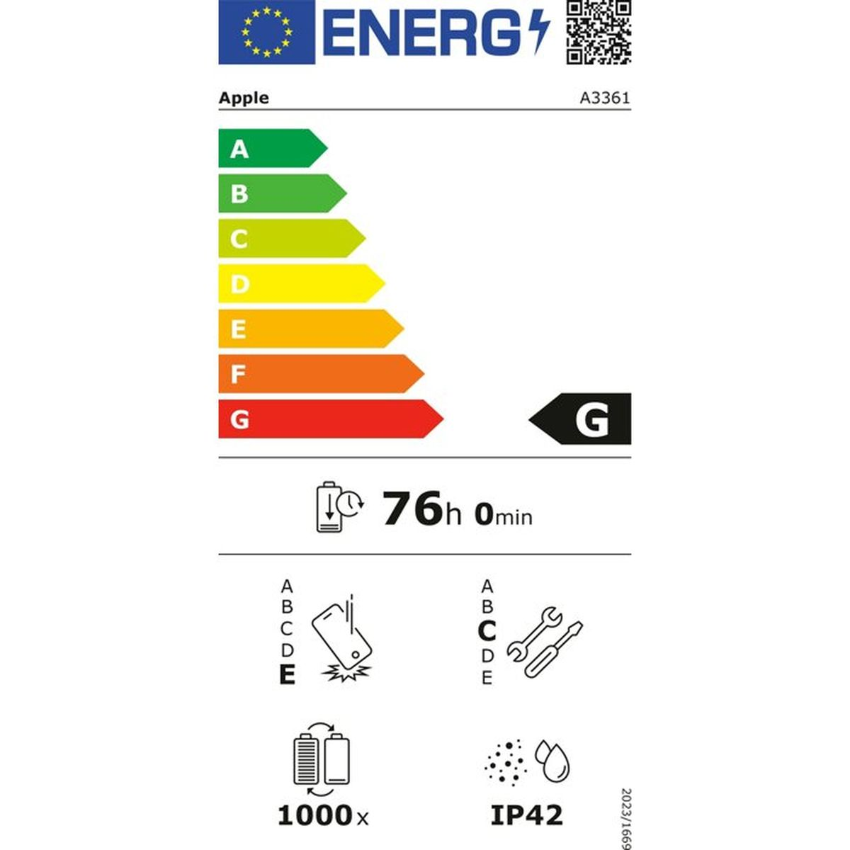 Etykieta energetyczna: Apple, klasa G. 76h 0min. 1000x cykli. IP42.